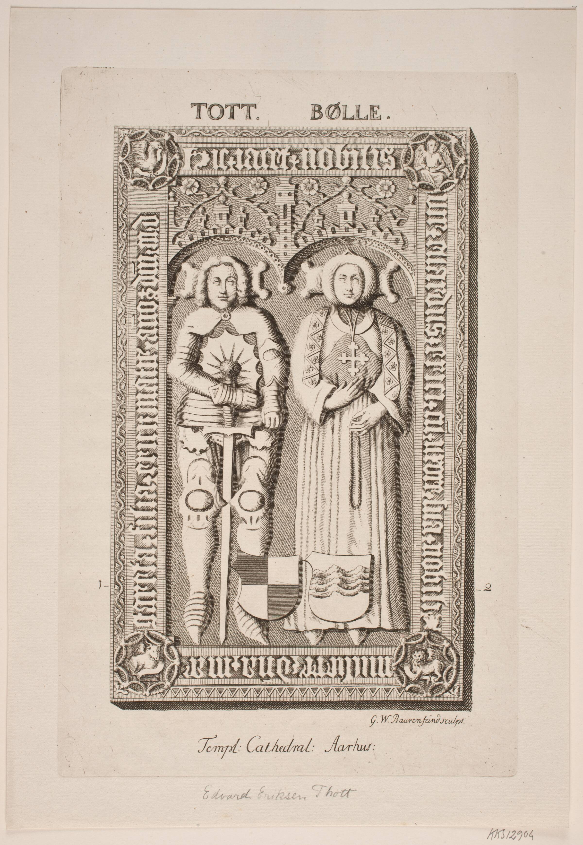 E. Eriksen og hustrus gravsten. Illustration til ”Nobilitas Daniae ex monumentis”, Georg Vilhelm Baurenfeind, 1750-1755