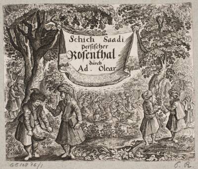 Frontispice til Adam Olearius, “Persianischer Rosenthal von einem Sinnreichen Poeten Schich Saadi […]”, Schleswig 1660
