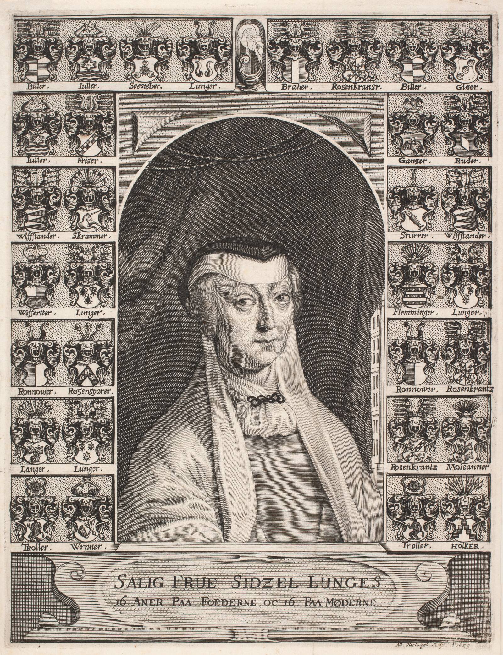 Sidsel Lunge. Mindeblad, Albert Haelwegh, 1657