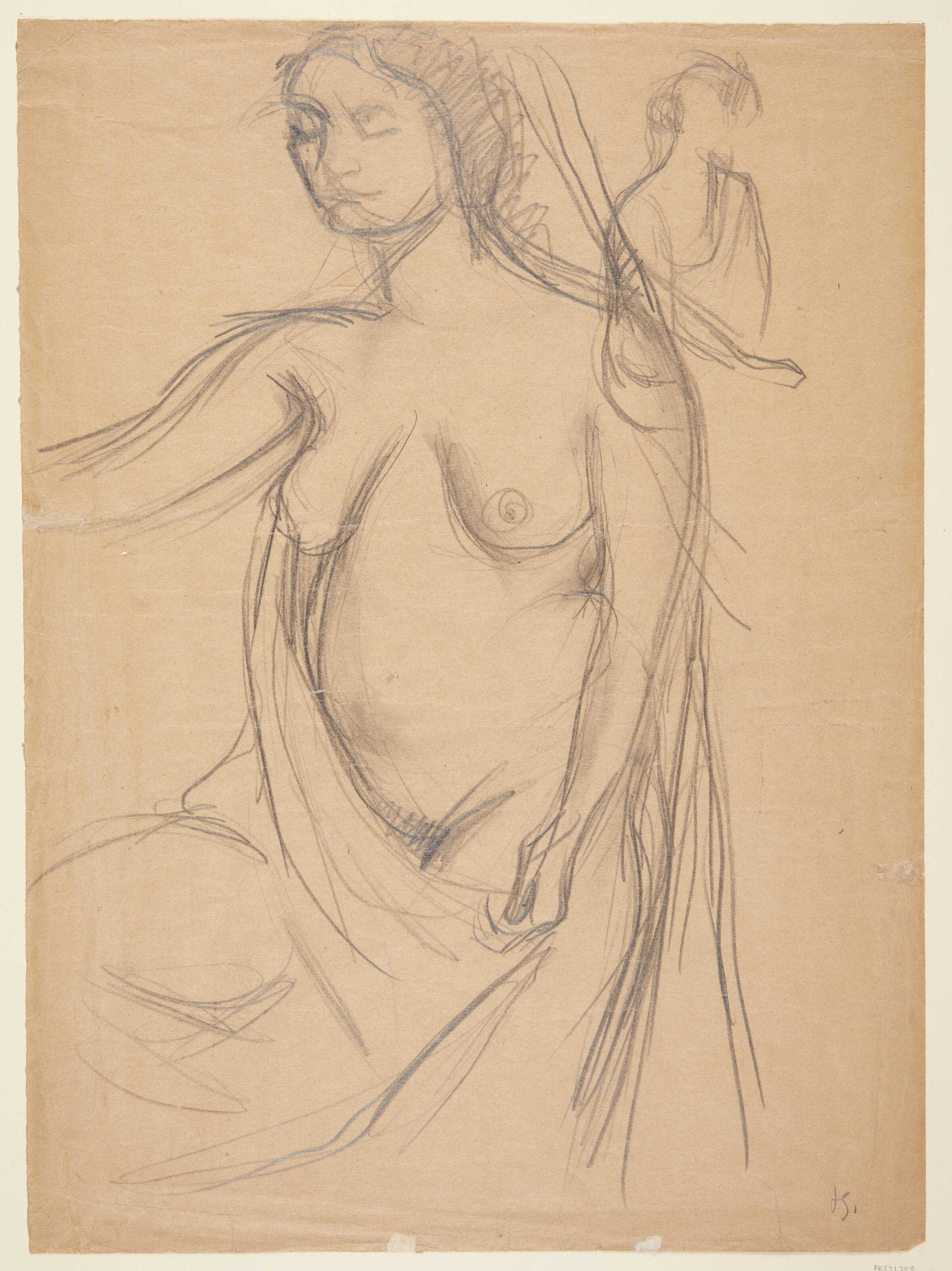 Kvindelig model, trekvart profil mod venstre, afskåret ved knæene, samt et lille modelstudie, Харальд Гирсинг, 1881-1927