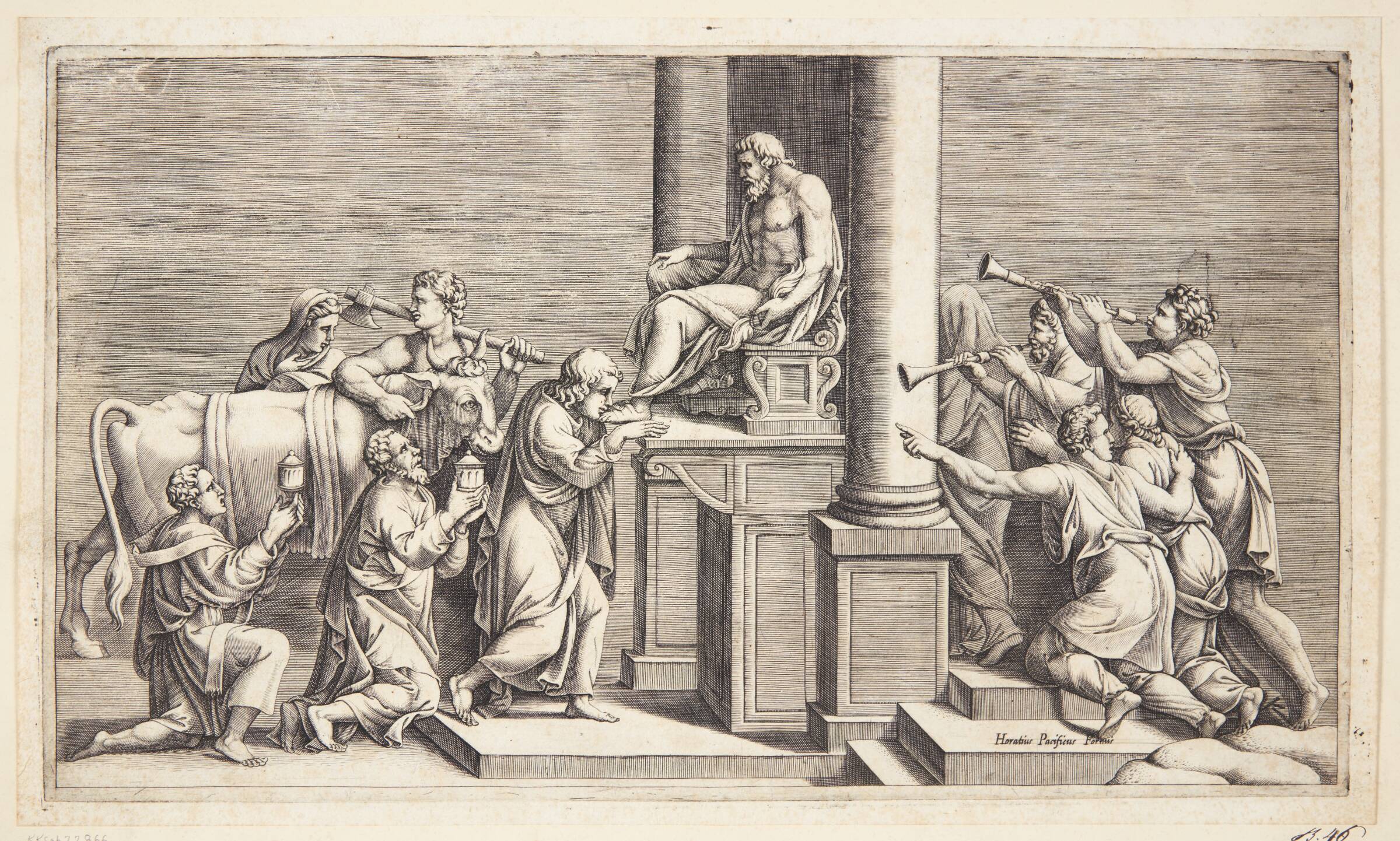 En tyr ofres foran en statue af Jupiter, Diana Scultori, 1570-1580