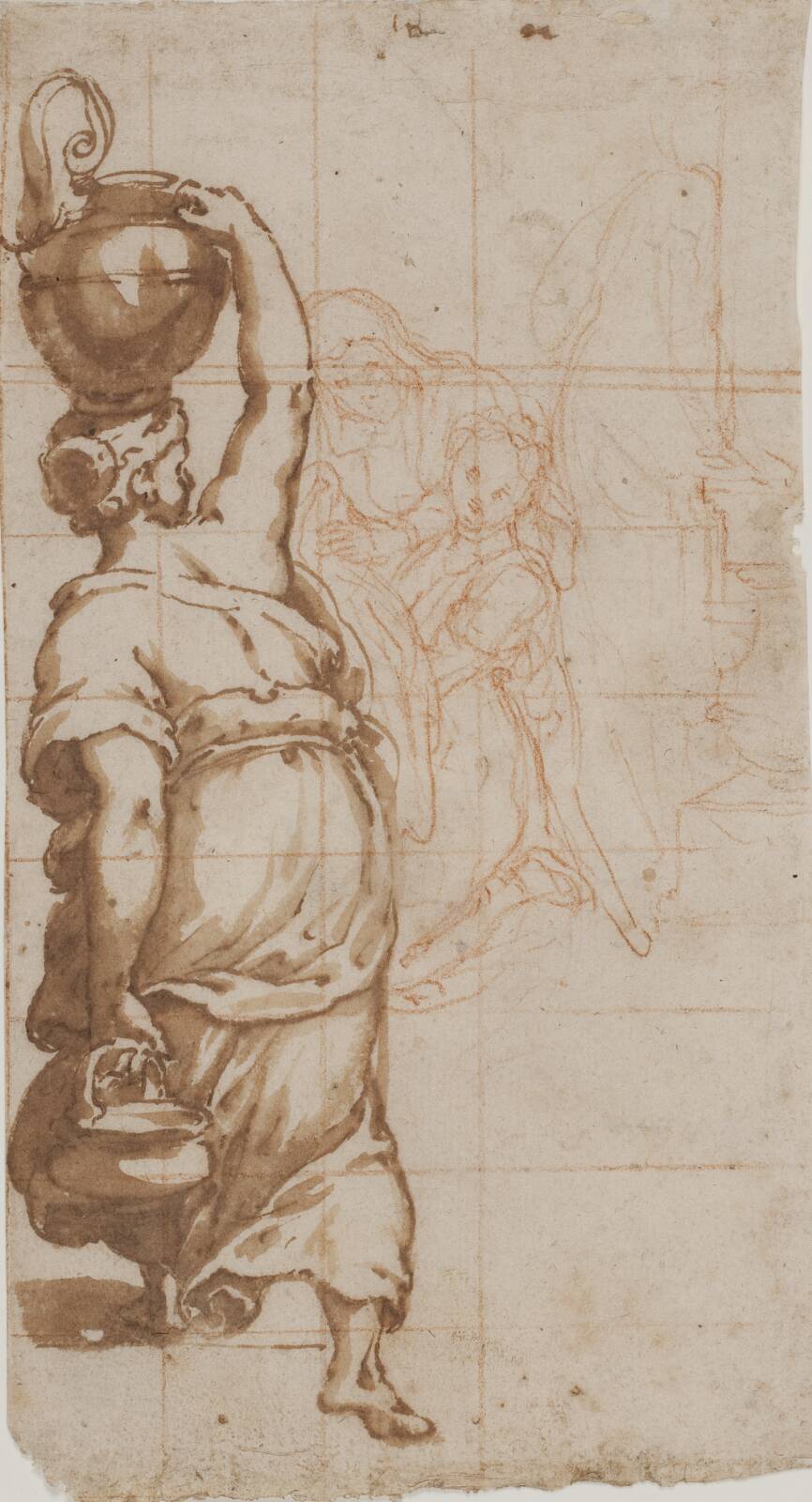 Woman with a jar on her head seen from behind, two women with a cloth in the background, by Cesare Nebbia, 1536-1614