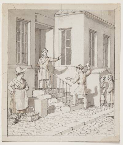 Skænderi på gadetrappen. Forstudie til "Linearperspectiven anvendt paa Malerkunsten", Tavle VII, 2