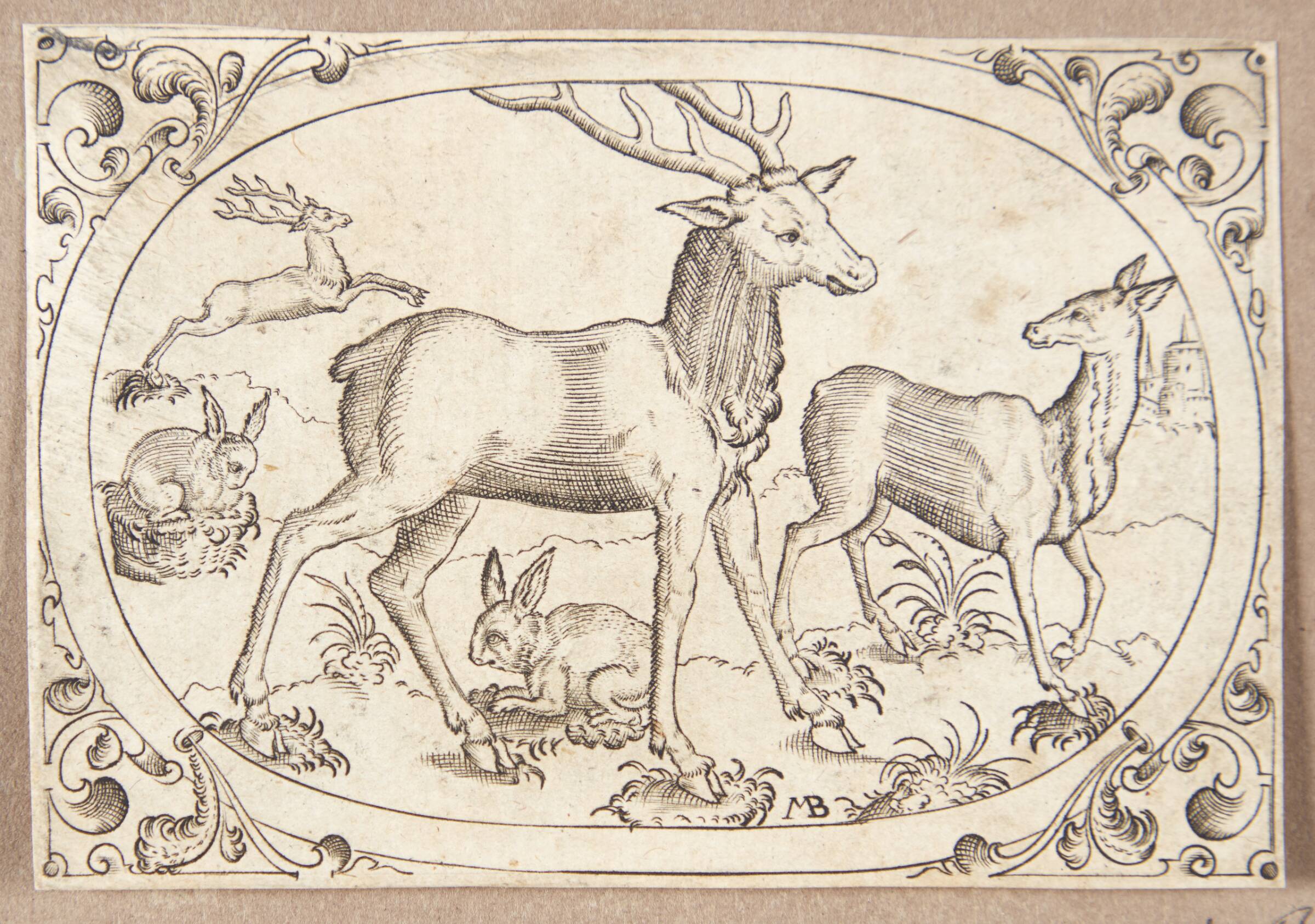 Tre hjorte og to kaniner, Mathias Beytler, 1581-1583