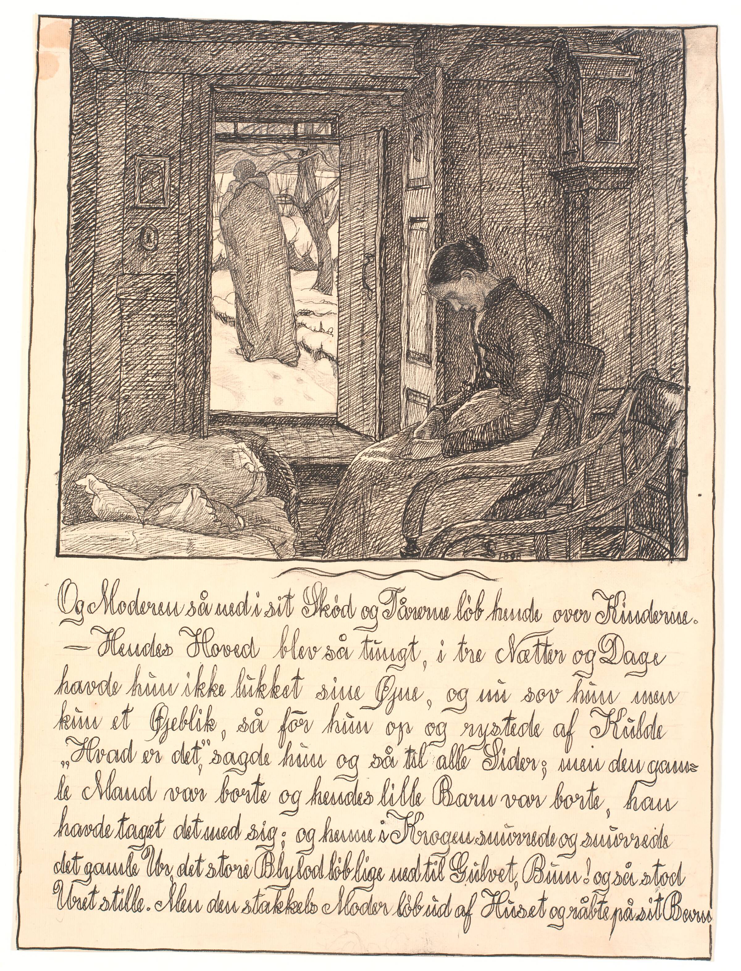 Og moderen så ned i sit skød, og Tårerne løb hende over Kinderne..., Fritz Syberg, 1898