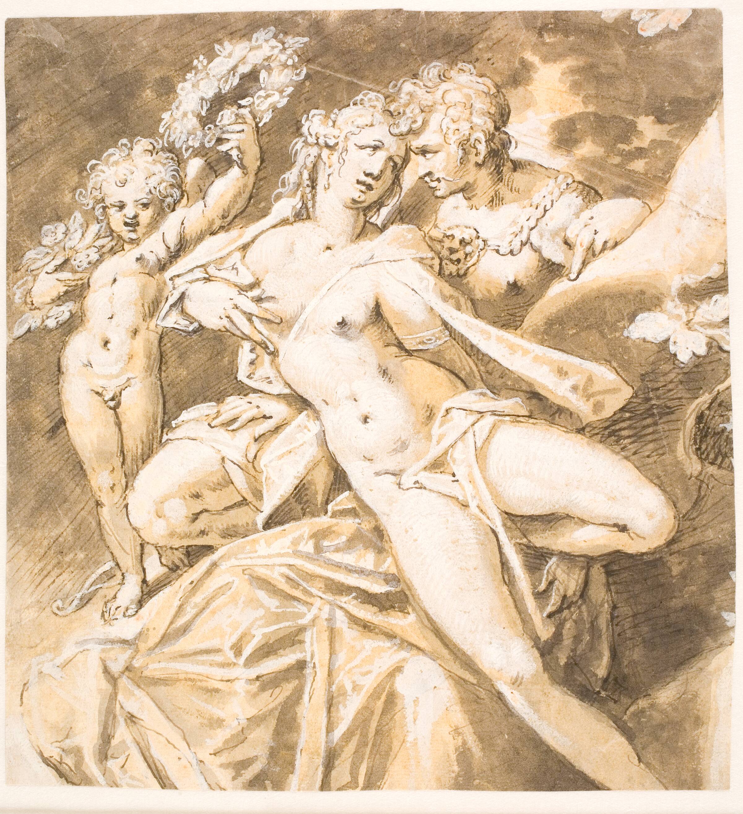 Mars kærtegnende Venus; tv. en amorin, der rækker en krans til hende, Hans von Aachen, 1552-1615