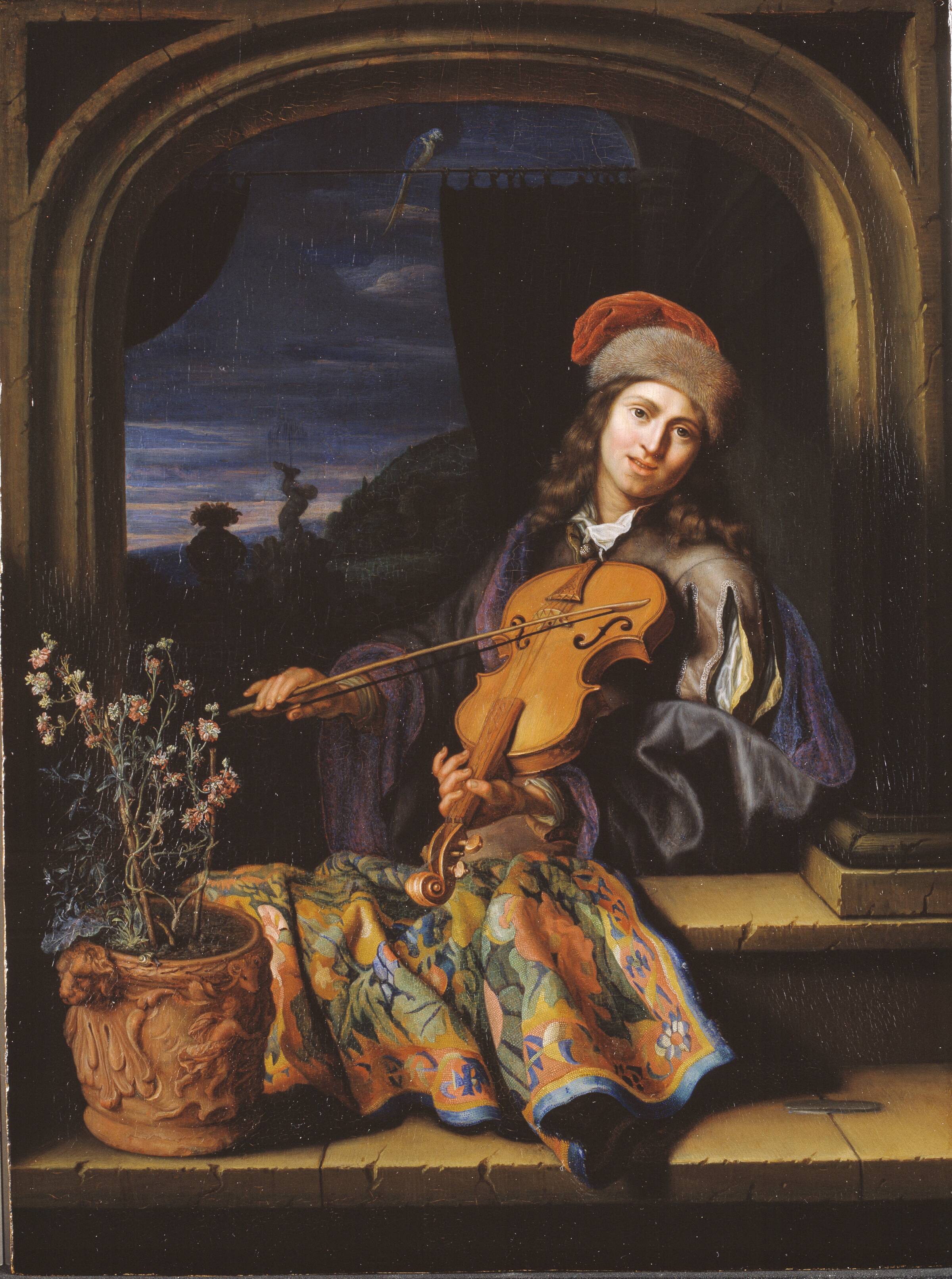 En violinspiller, Caspar Netscher, 1654-1684