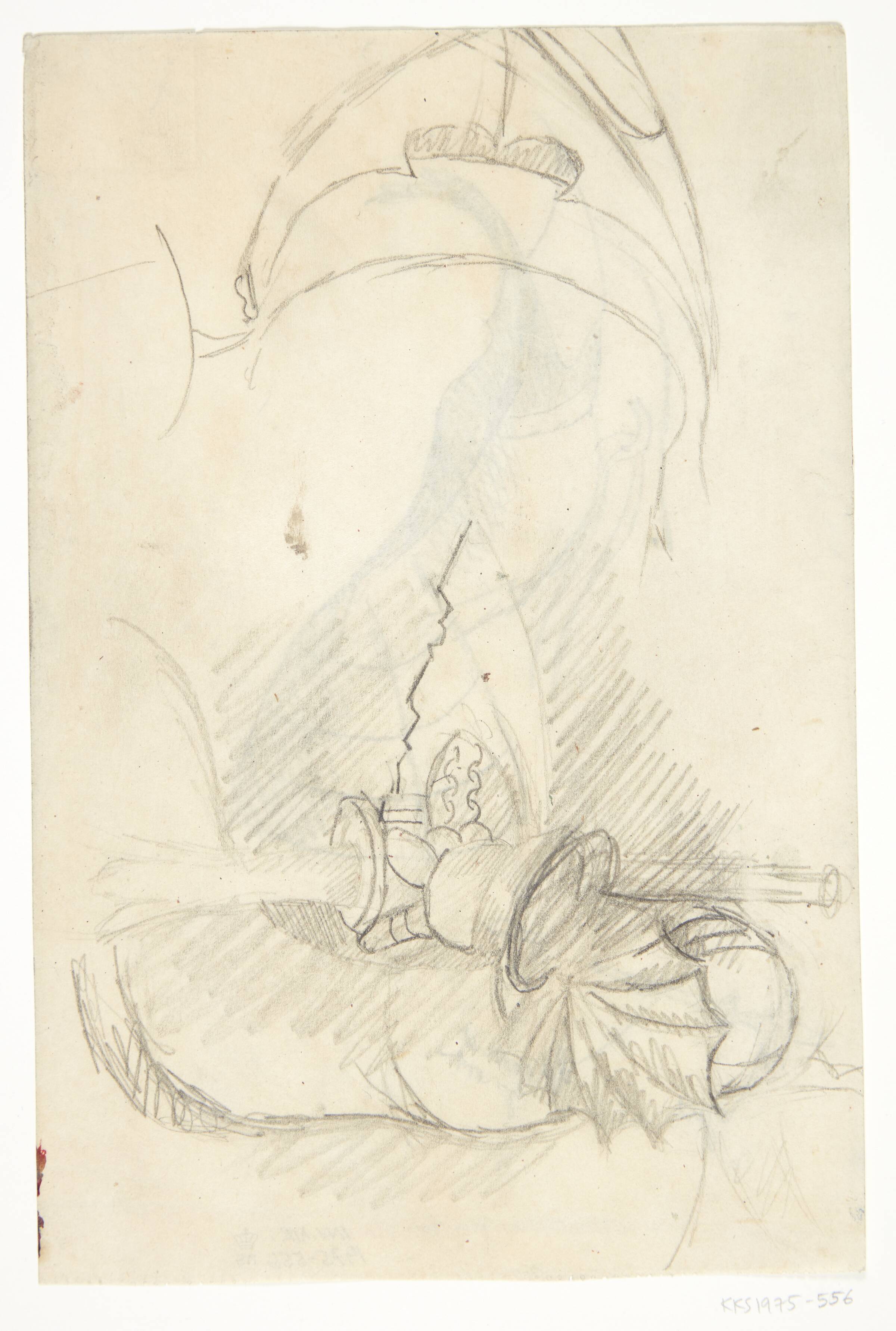 Rustningsklædt højrearm med lanse. Del af rustning. Kompositionsskitse til P. Uccellos "La Battaglia", William Scharff, 1901-1959