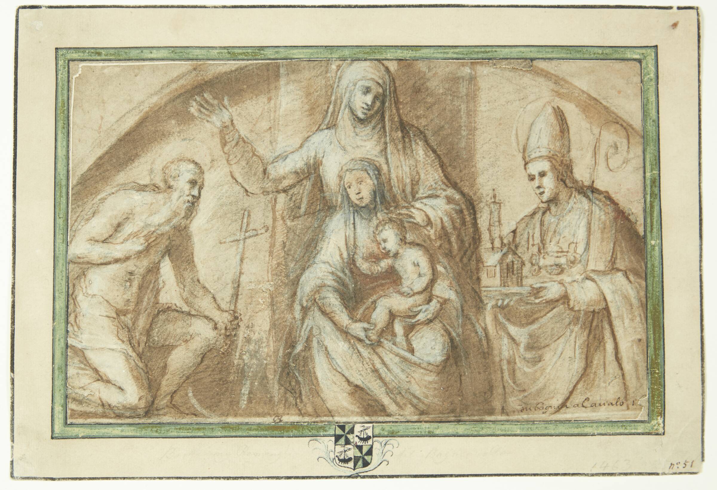 Anna selvtredje flankeret af Hl.Jeromimus og en bispehelgen, der vises som kirkestifter, Bagnacavallo, 1484-1542