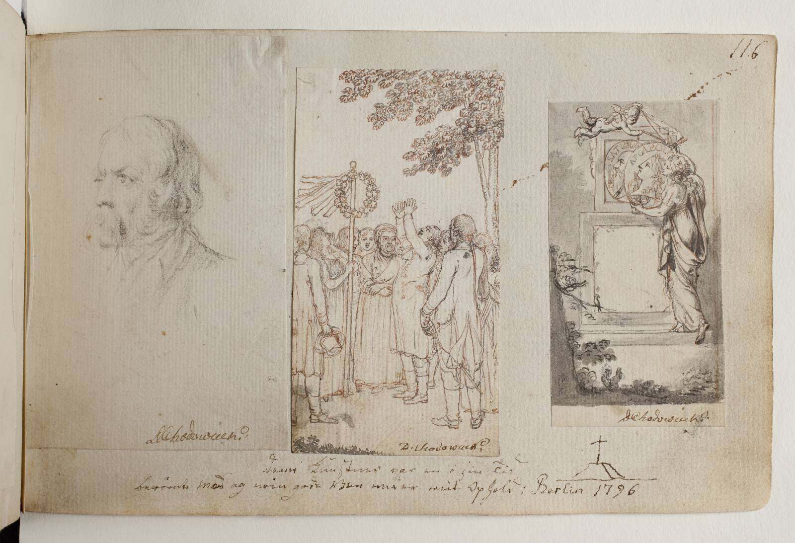 Tre indklæbede tegninger, Daniel Nikolaus Chodowiecki, 1796