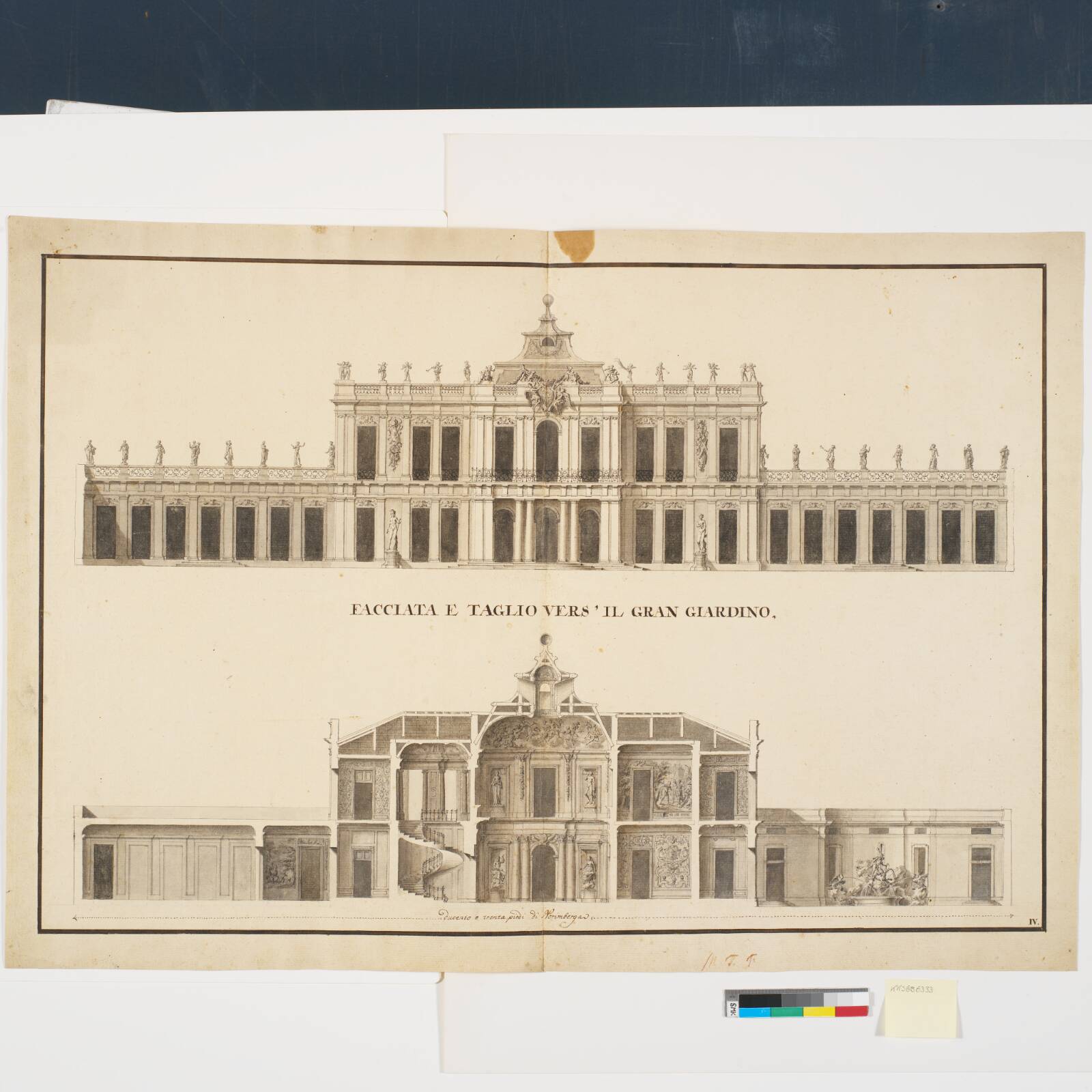 Facade mod have og snit af samme bygning, Marcus Tuscher, 1729