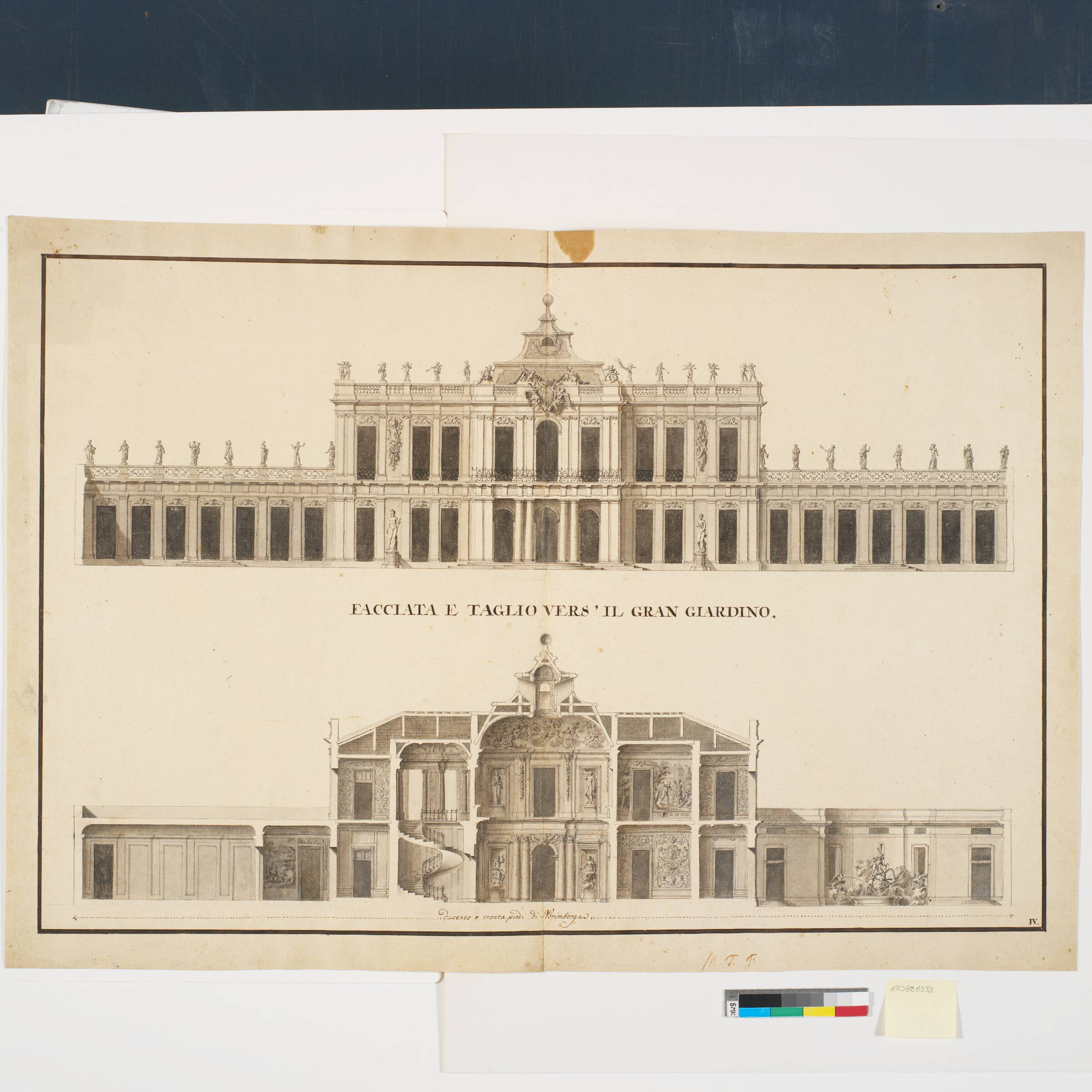 Facade mod have og snit af samme bygning, Marcus Tuscher, 1729
