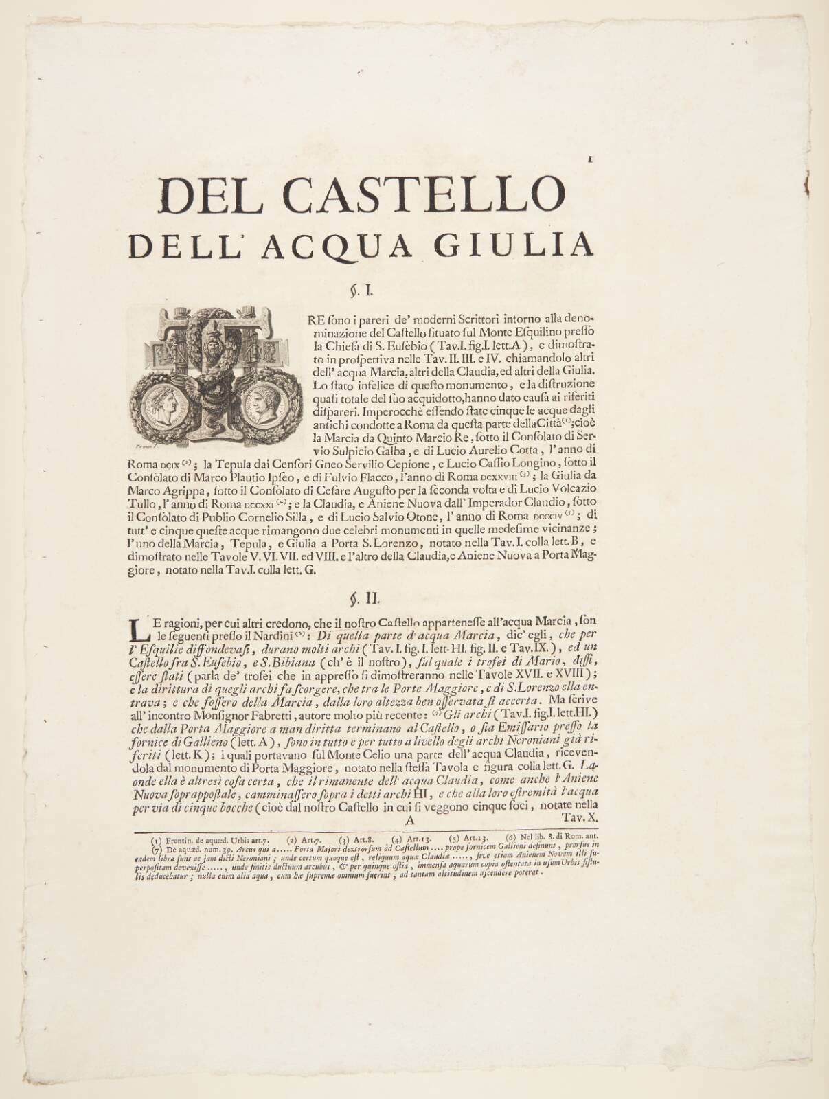 Concerning the Fountainhead of the Acqua Giulia. Text sheet with an ornamental letter "T", by Giovanni Battista Piranesi, 1761
