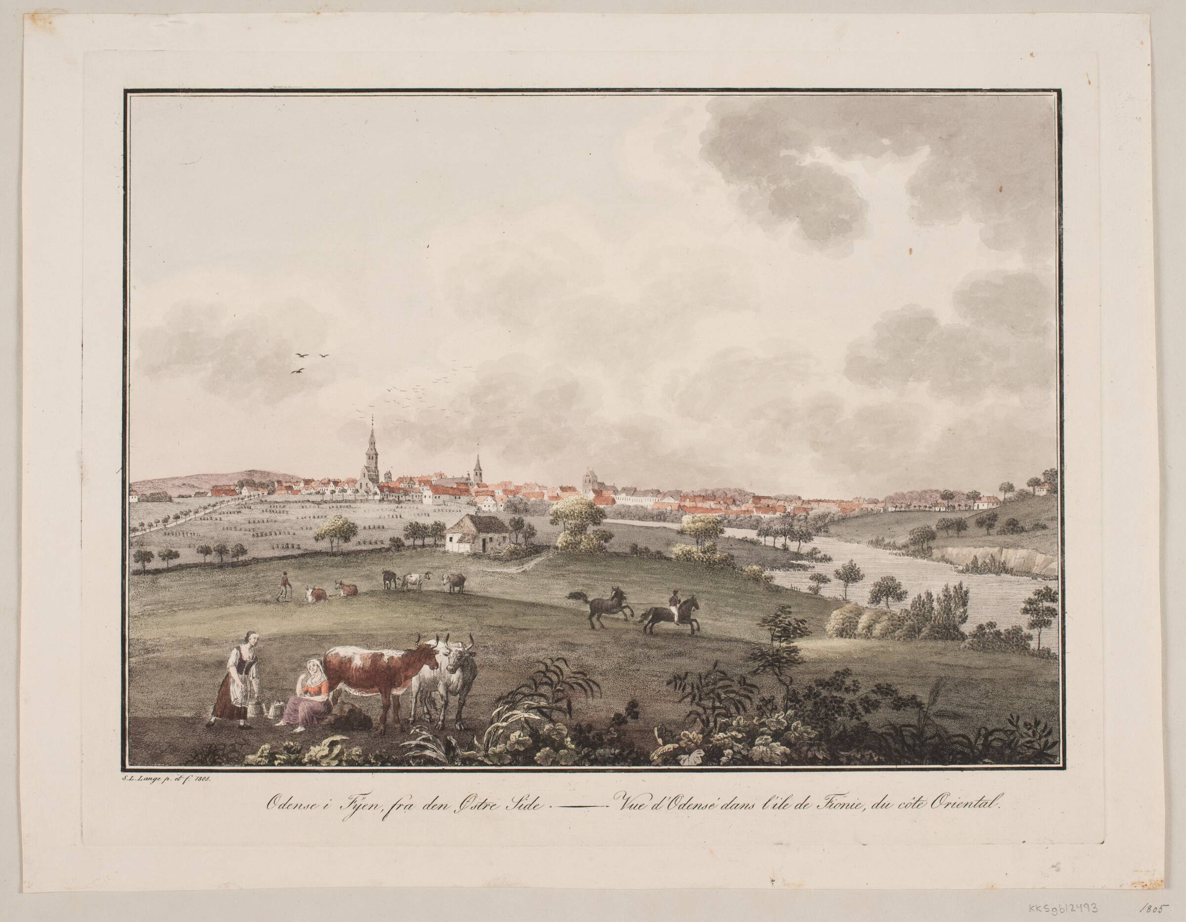 Odense på Fyn, fra den østlige side, Søren L. Lange, 1805