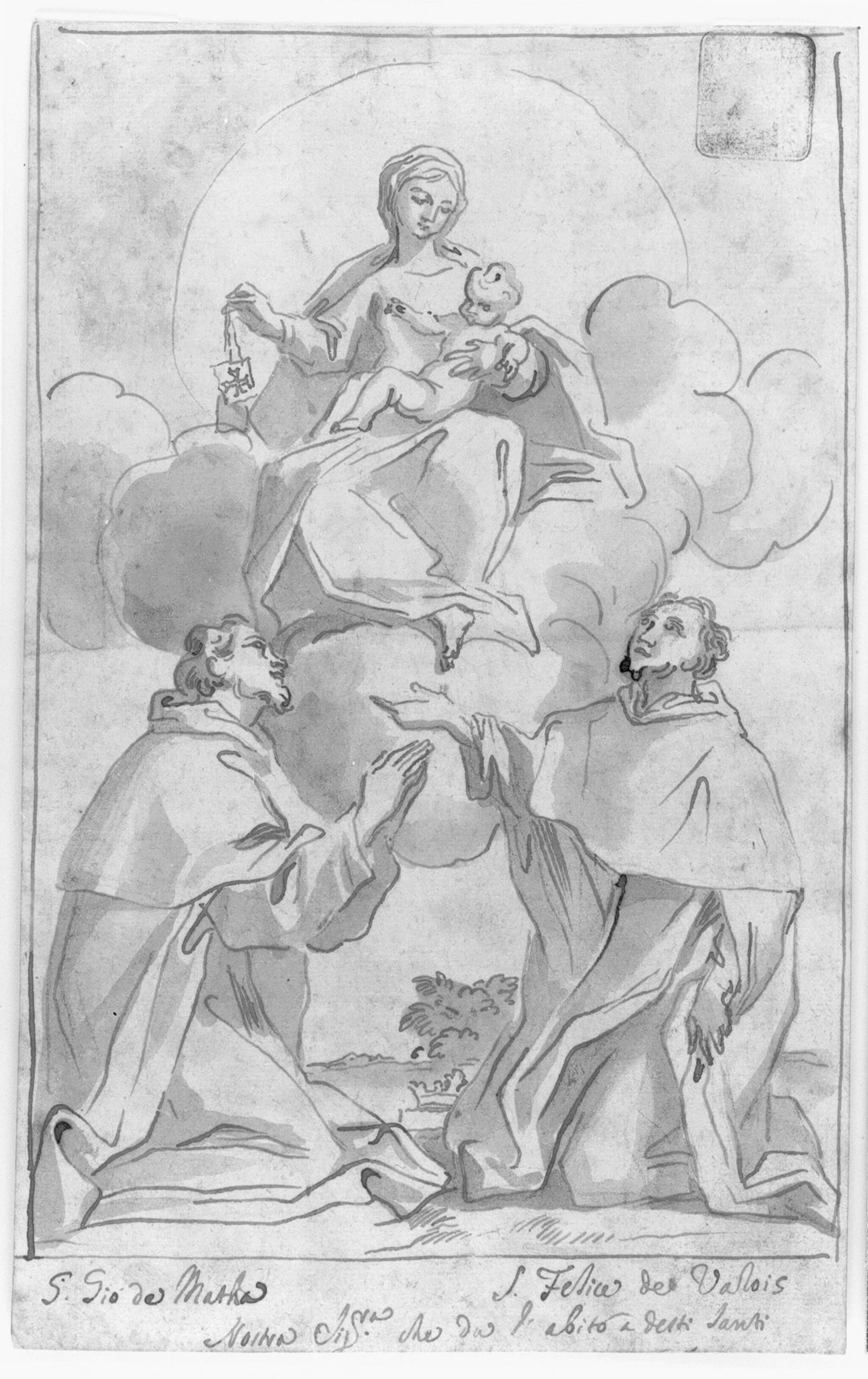 Jomfru Maria med kappe og Jesusbarnet i skyerne over helgerne Johannes af Matha og Felix af Valois