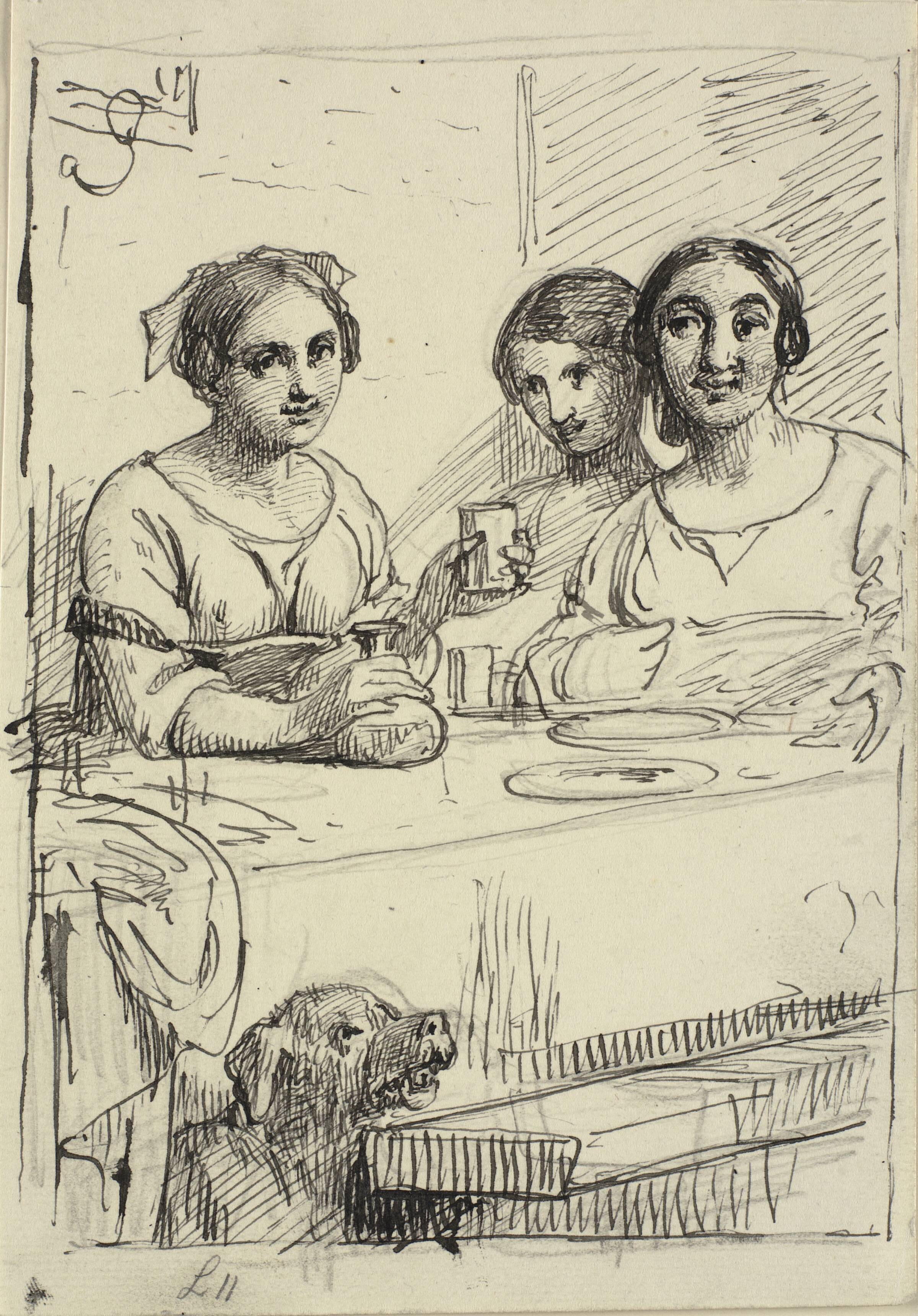 Tre piger ved et bord, under bordet en hund, Wilhelm Marstrand, 1810-1873
