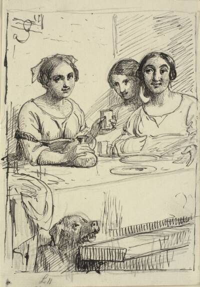 Tre piger ved et bord, under bordet en hund