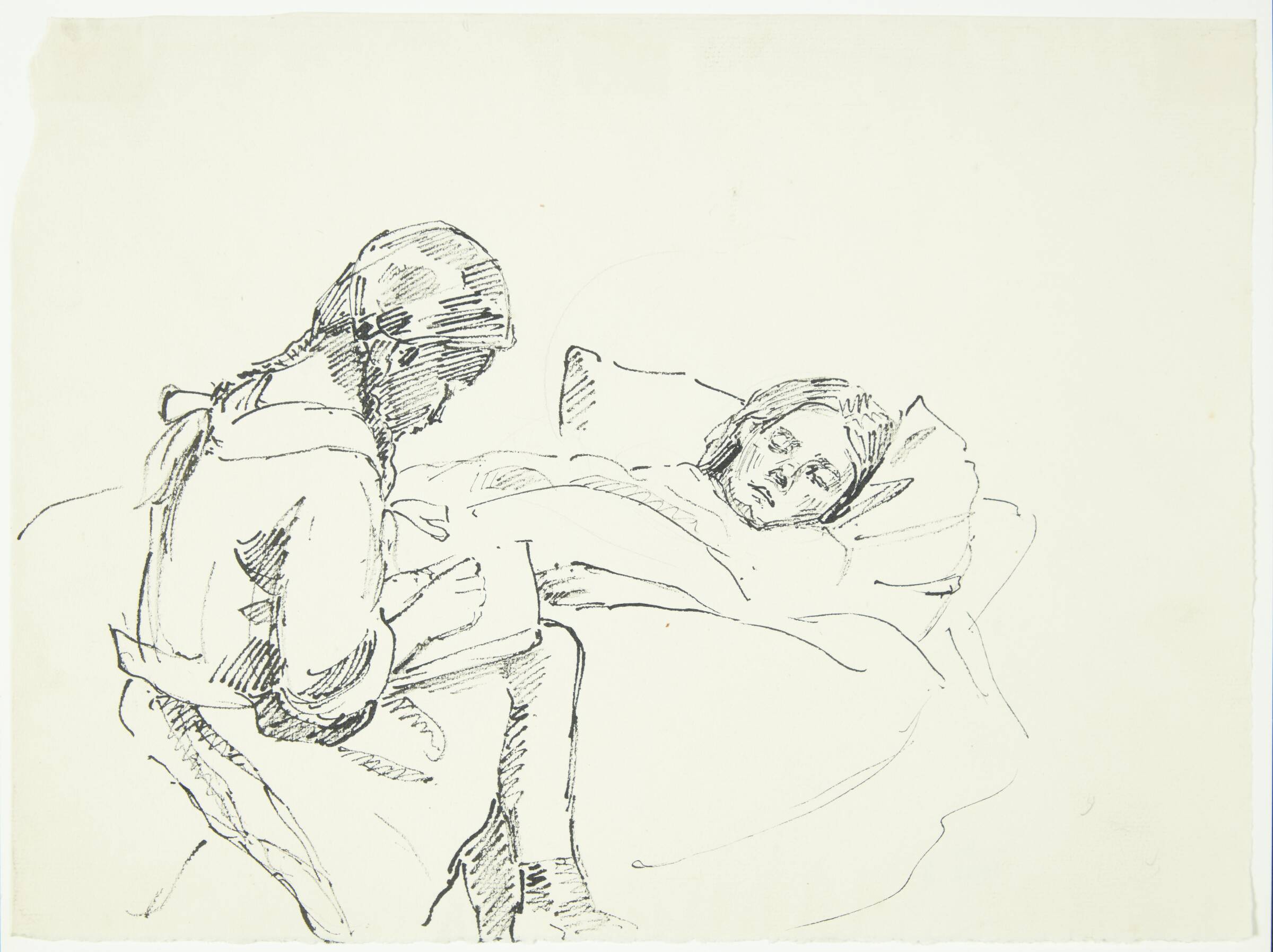 Lille pige læser højt for en syg (kunstnerens hustru og datter), Peter Hansen, 1914-1918