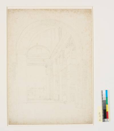 Udsigt langs den vestlige arkaderække af Tempio di Claudio, tidligere kaldet Curia Hostilia, i baggrunden Torre delle Milizie og Quirinalet. Rom