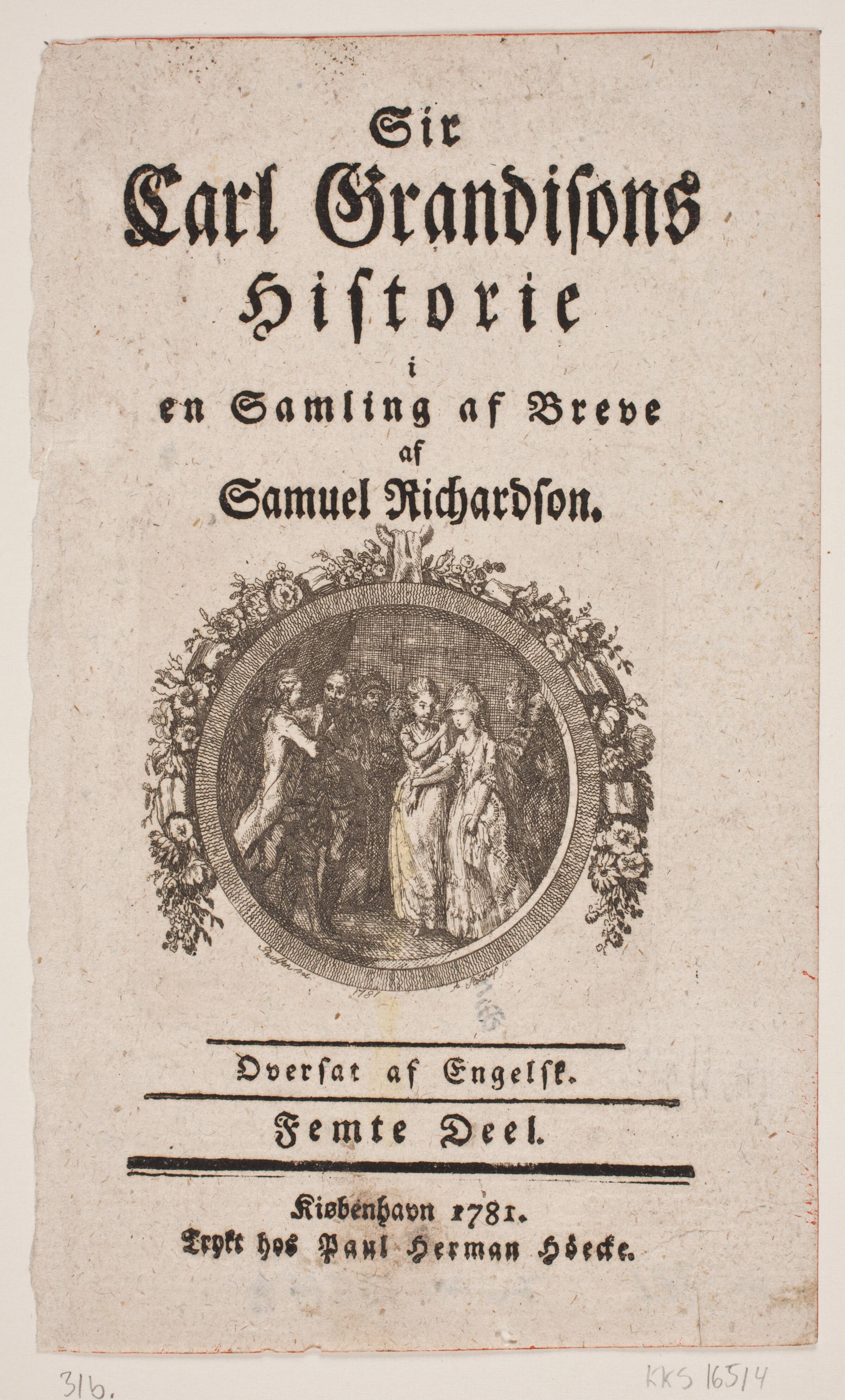 Vignet til "Sir Carl Grandisons Historie", 5. del, af Samuel Richardson, København 1781, Andreas Støttrup, 1781