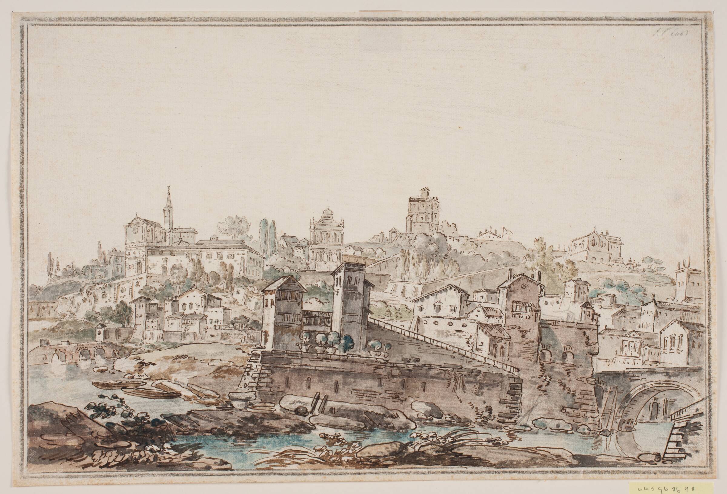 Byprospekt med huse og kirke ved flod. Antikkens Rom, Jens Petersen Lund, 1730-1793