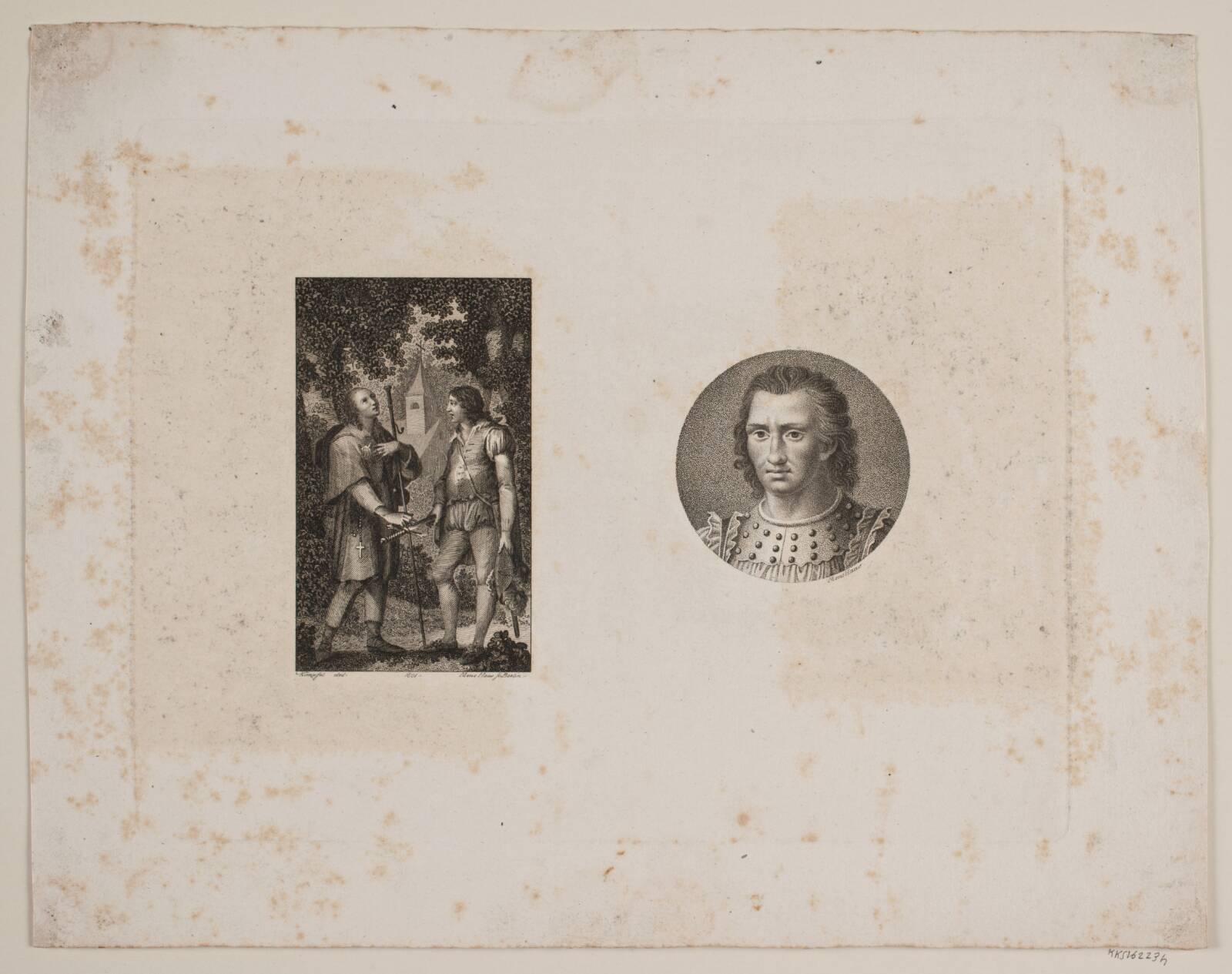 Møde mellem munk og adelsmand; tondo med brystbillede af en harniskklædt mand, by Meno Haas, 1801