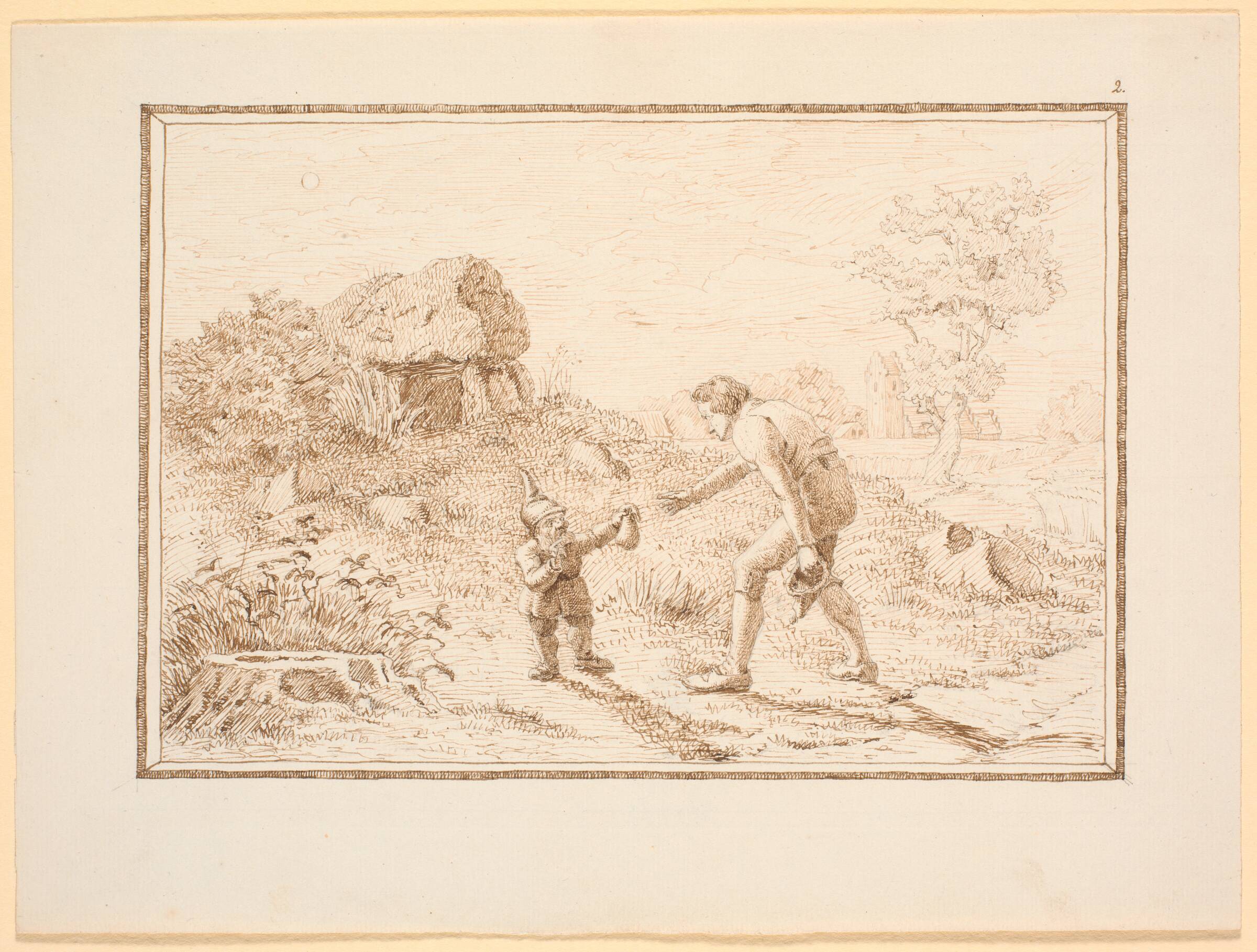 Bjergmanden og bonden uden for højen (illustration til eventyret "Bjergmanden og Tordenvejret"), Christen Dalsgaard, 1824-1907