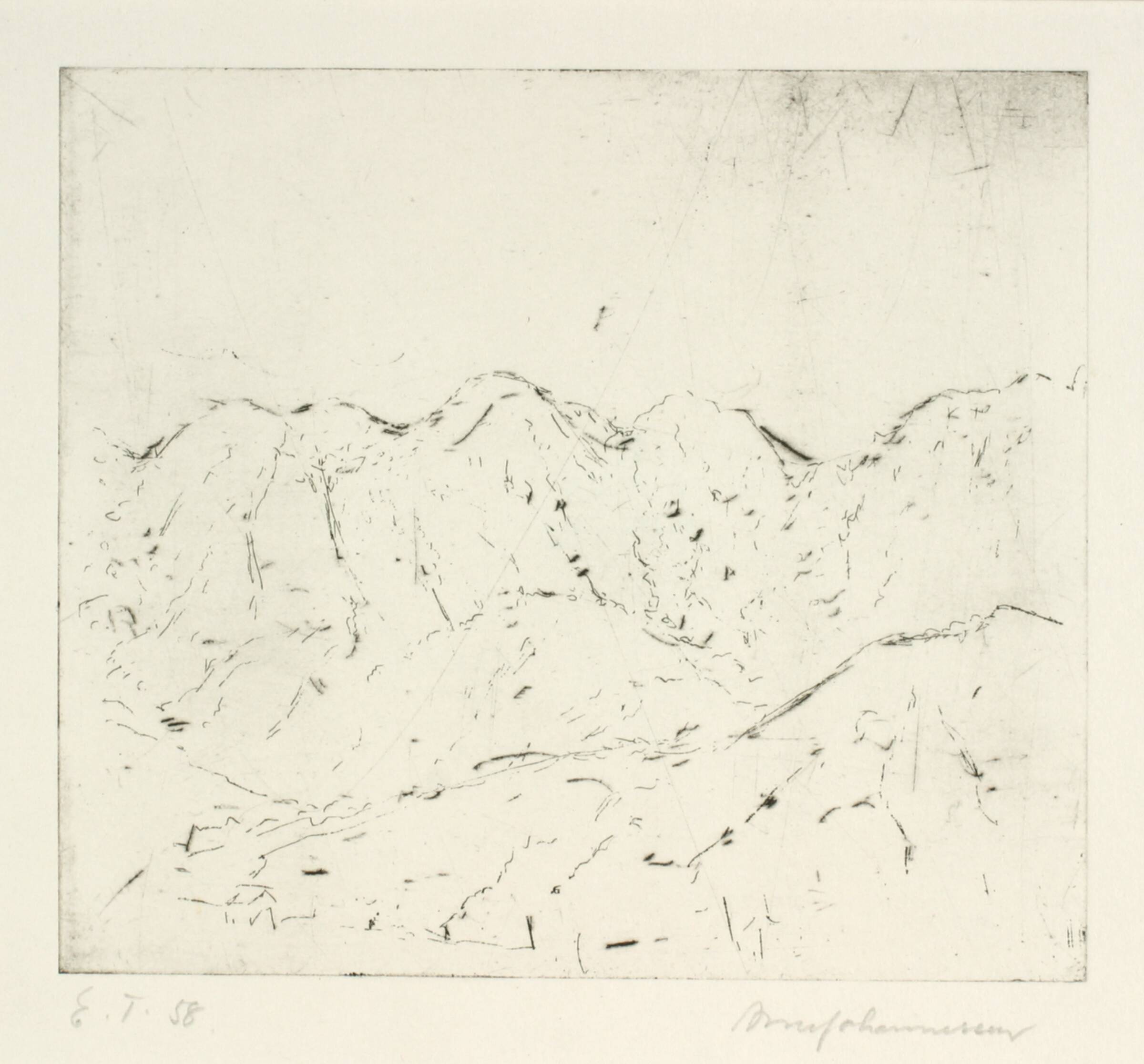 Landskab, San Cataldo. Udsigt mod bjerge, skyfri himmel, Arne Johannessen, 1958