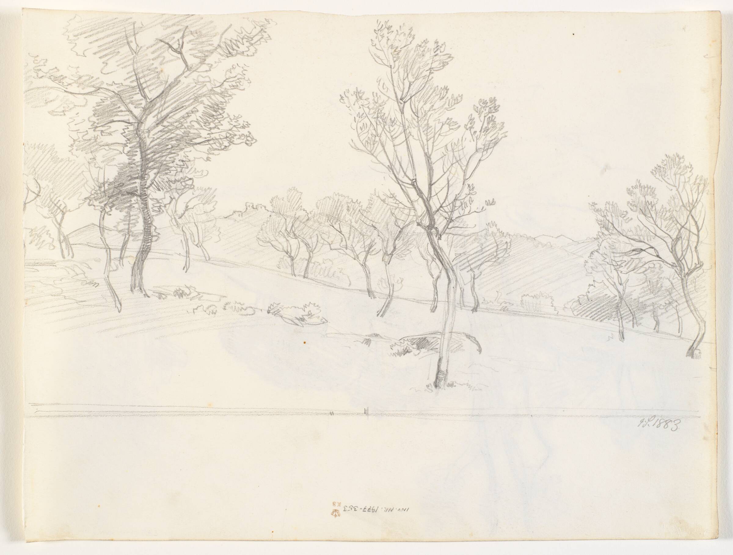 Italiensk landskab med spredte træer, i baggrunden bjerge, Joakim Skovgaard, 1883