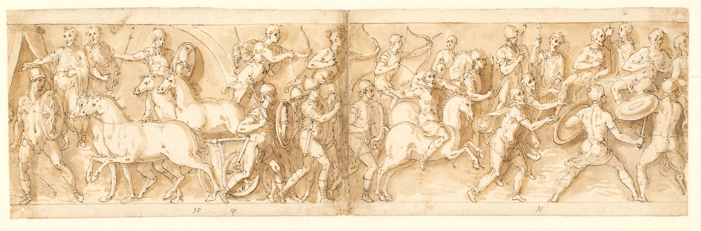 Marcus Aurelius ankommer til slaget, mens tropperne nedkæmper et sarmatisk angreb; sarmaterne beder om nåde, Джованни Гуэрра, 1544-1618