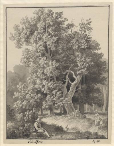 Skovparti ved Svendstrup med et par figurer, forrest en siddende mand med en spade
