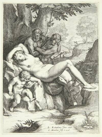 Venus og Amor sover og bliver iagttaget af satyrer