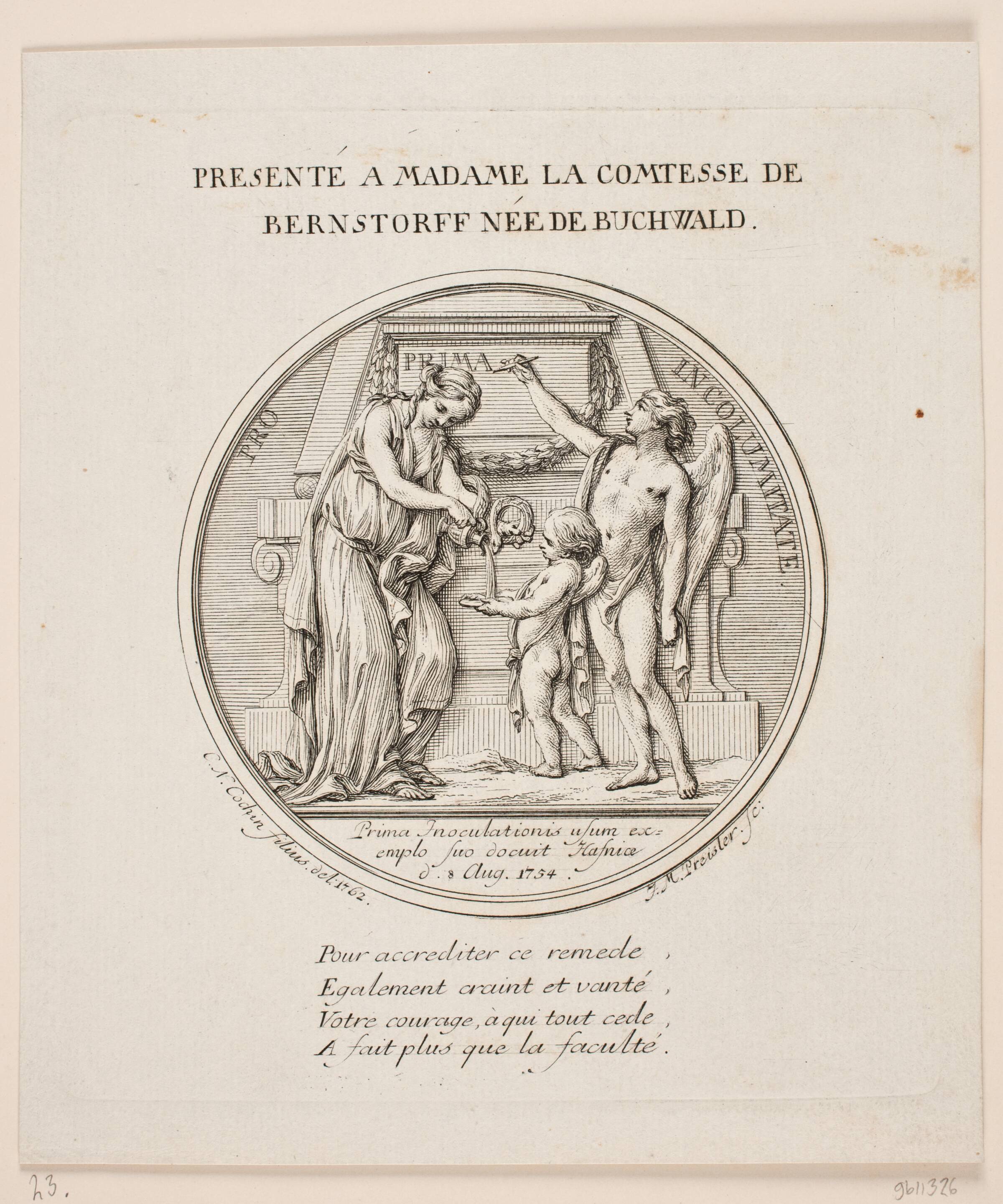 Medaljon i anledning af grevinde Bernstorffs inoculation, J.M. Preisler, 1754