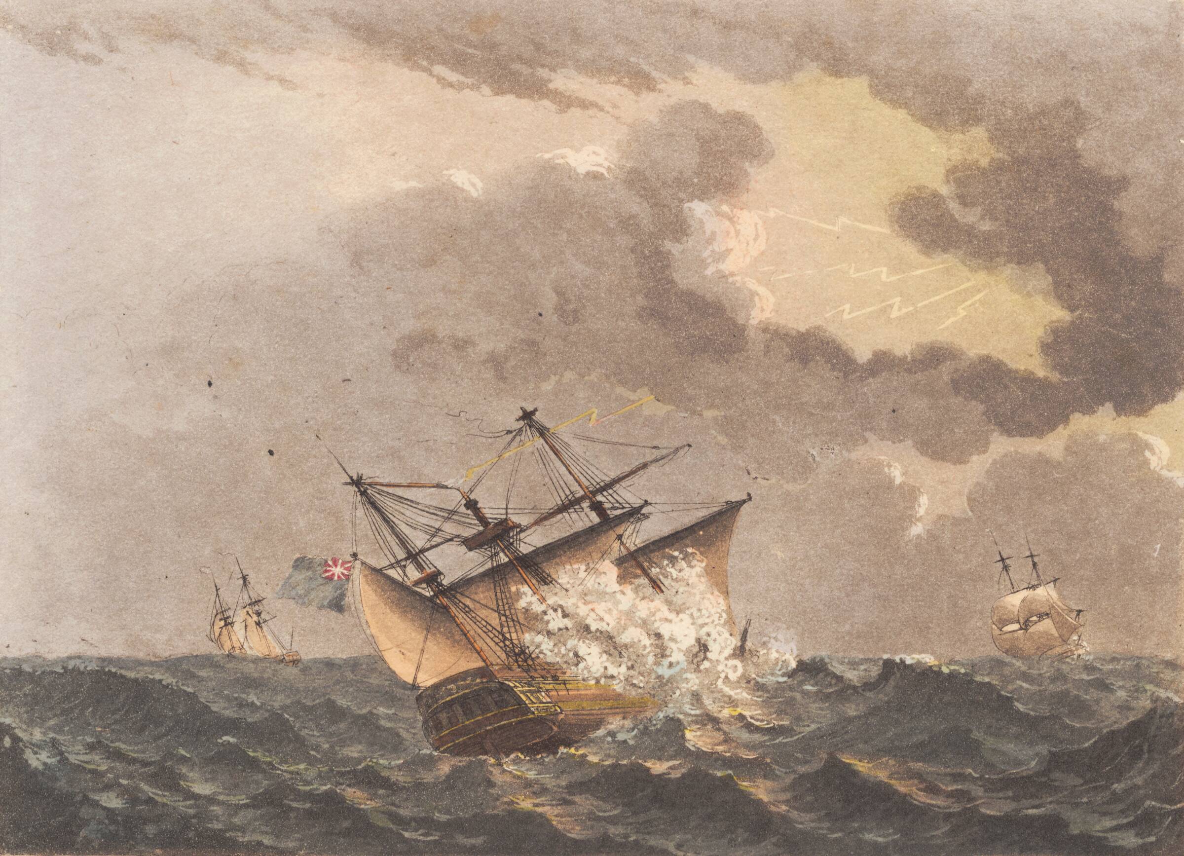 Et engelsk skib truffet af lynilden, Niels Truslew, 1805