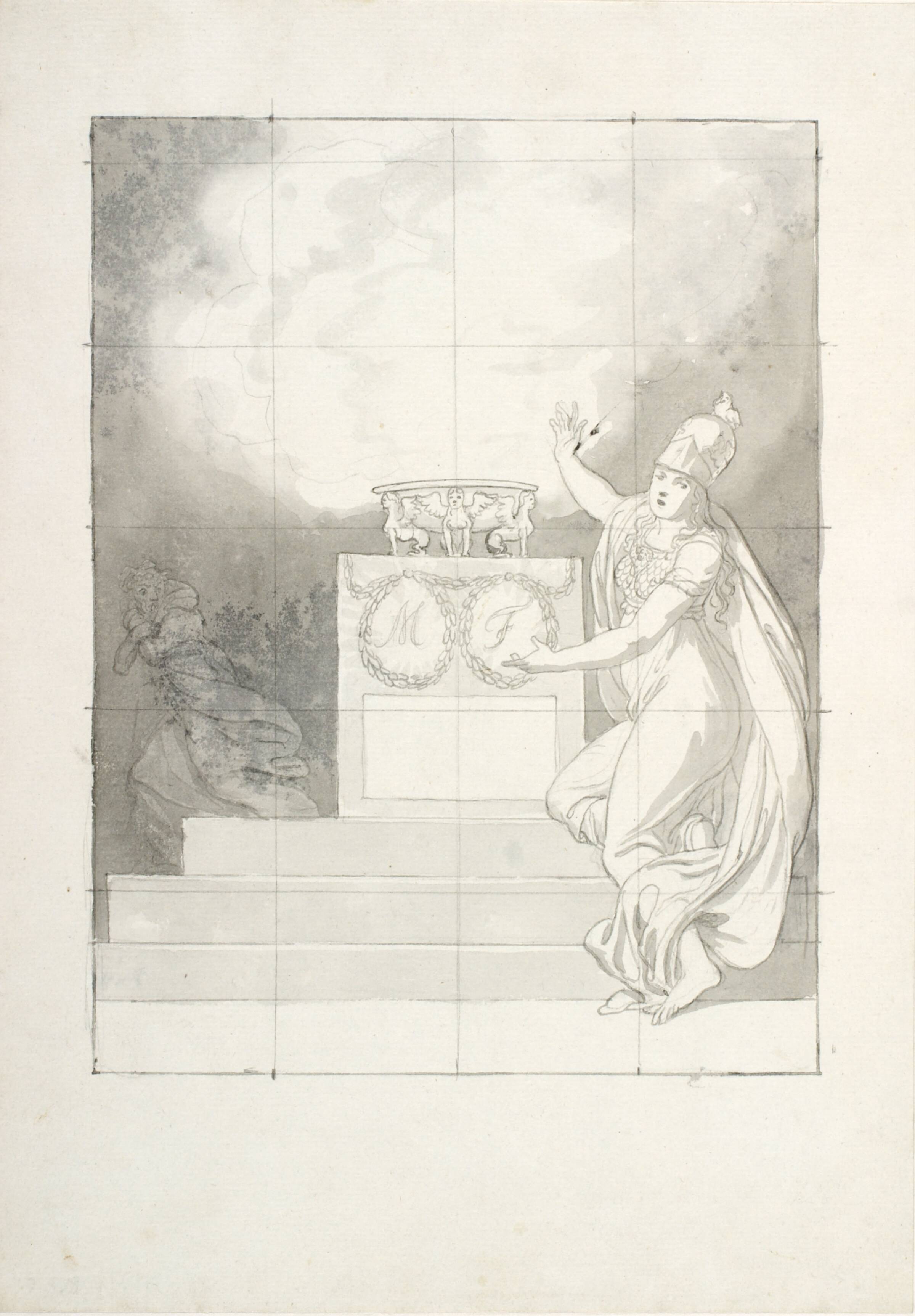 Allegorisk komposition: Athena foran et alter med rygende trefod, hvorfra en gammel kvindeskikkelse flygter, C.W. Eckersberg, 1783-1853