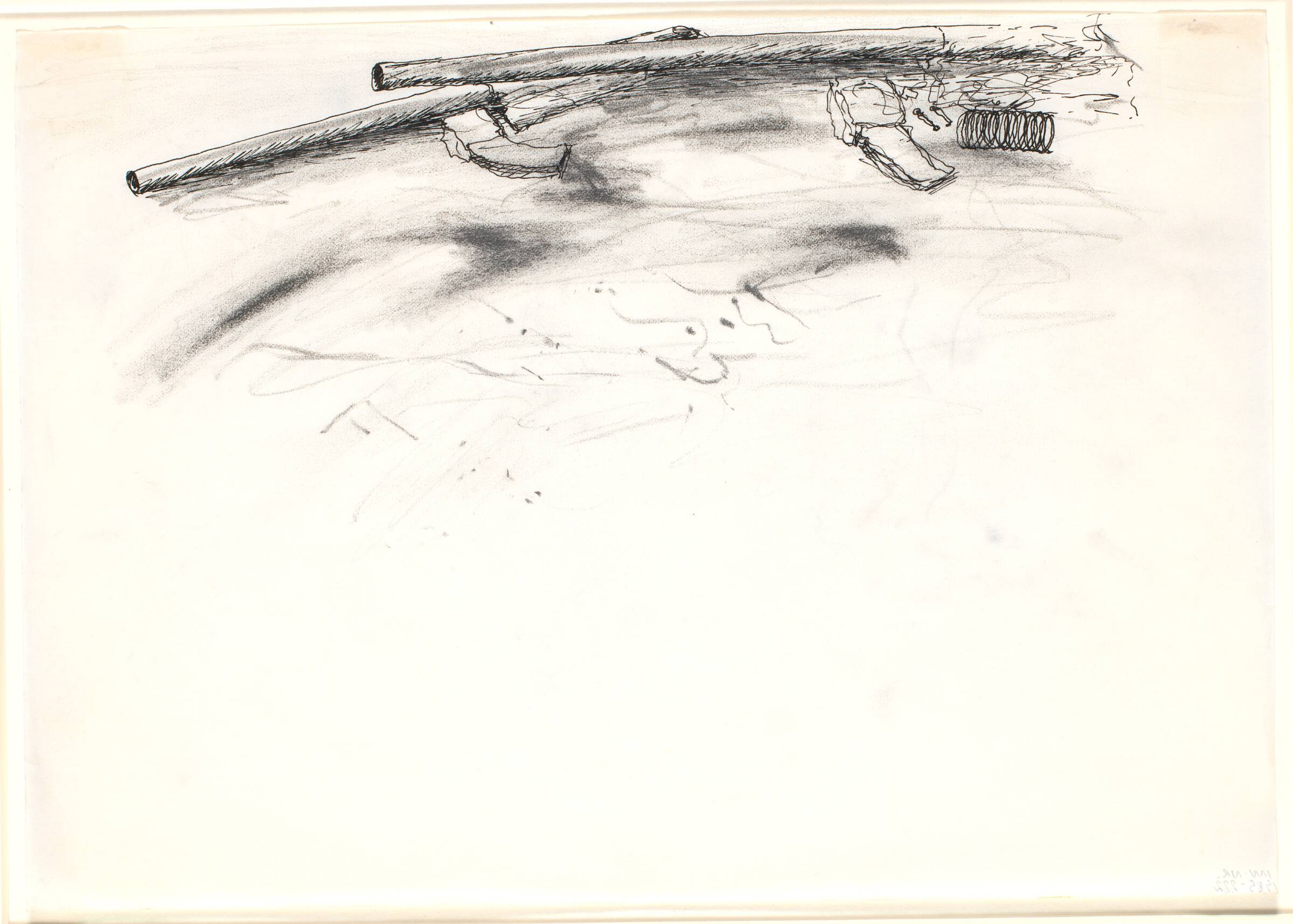 Tegning. Dele fra maskinpistoler. Tegning omkring kunstnerens installation af båen og redskaber, Nina Sten-Knudsen, 1980