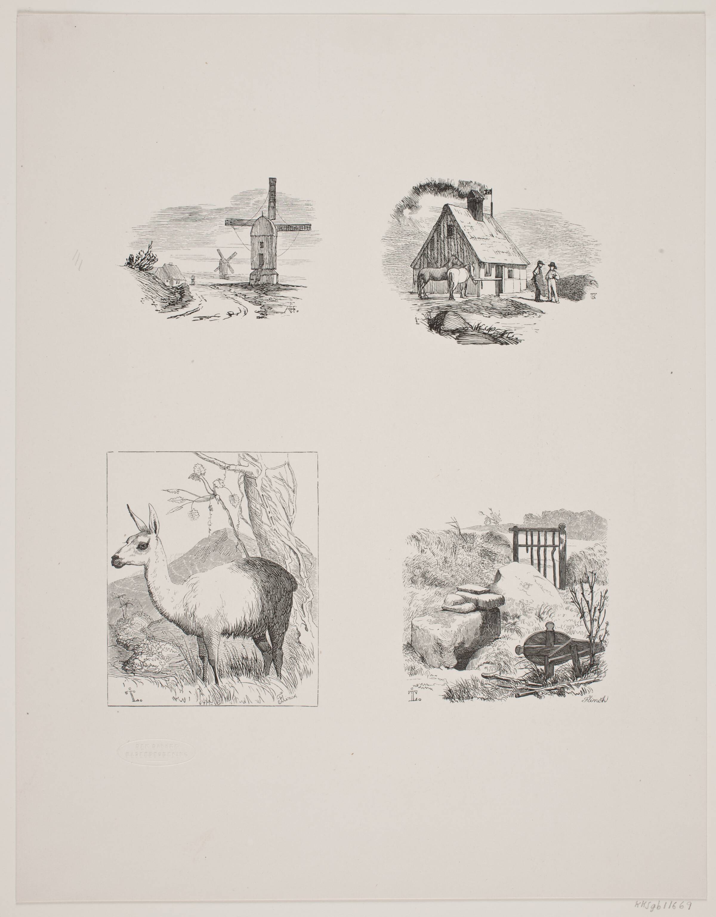 Nytryk af smedien, to stubmøller, lamaen og Helene grav, Andreas Flinch, 1840-1849