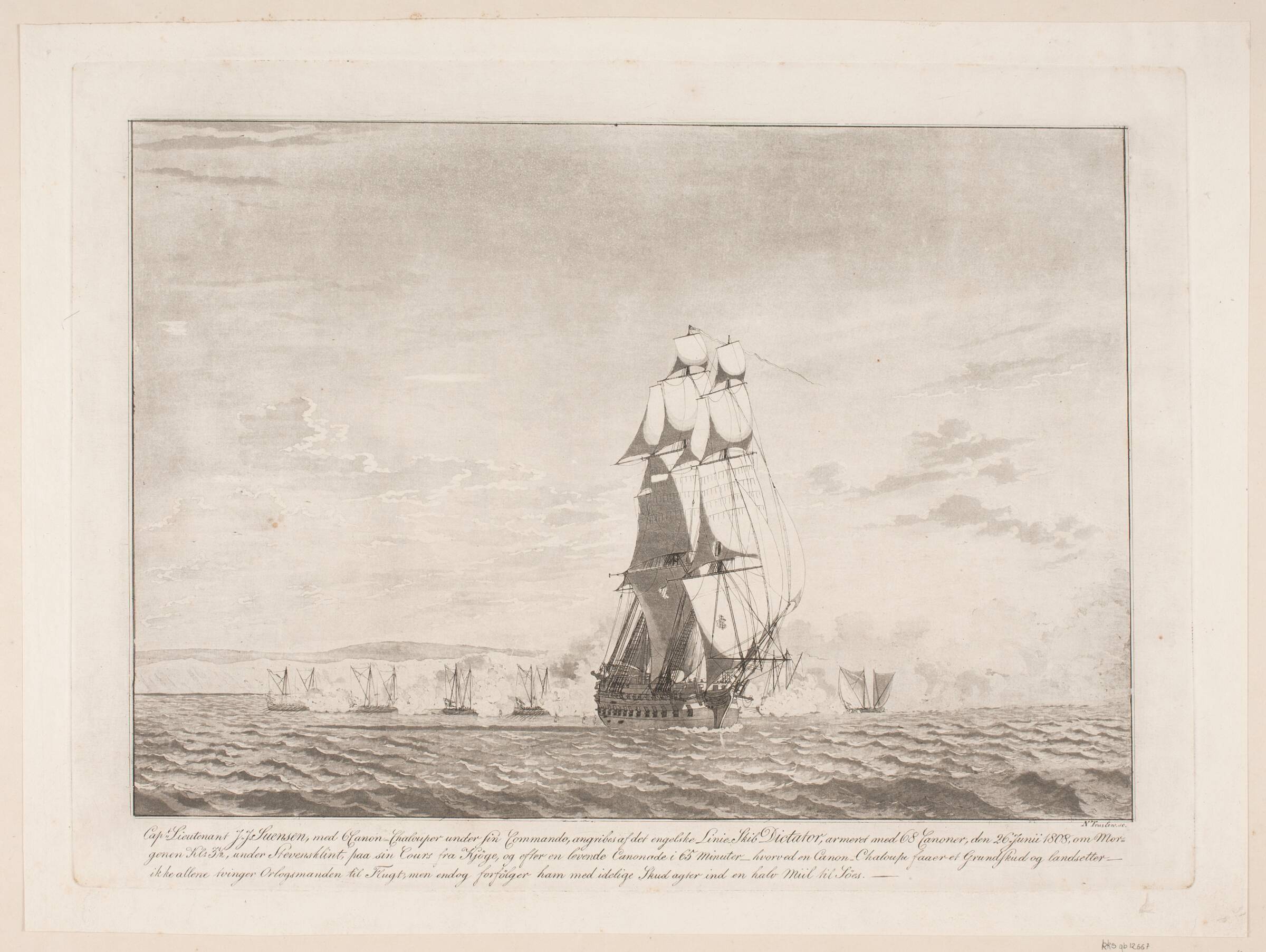 Kampen mellem 6 danske kanonbåde og det engelske linieskib Dictator, 26. juni 1808, Niels Truslew, 1808-1907