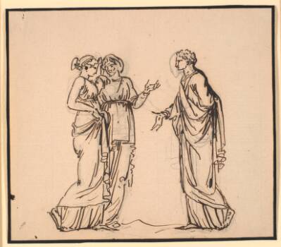 Antik scene med tre figurer, en mand der taler med to kvinder