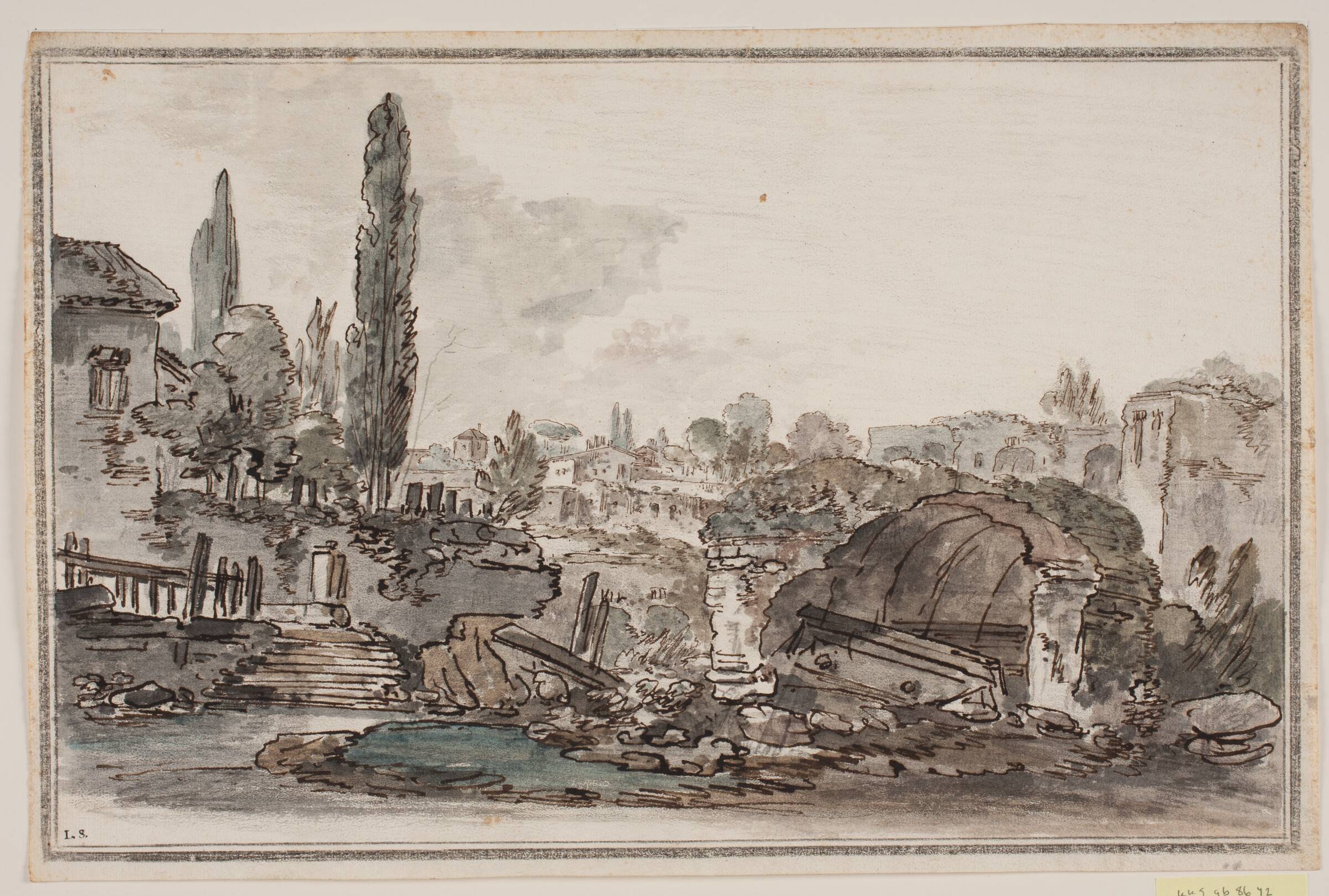 Prospekt med høje træer, bygninger og ruiner, Jens Petersen Lund, 1730-1793
