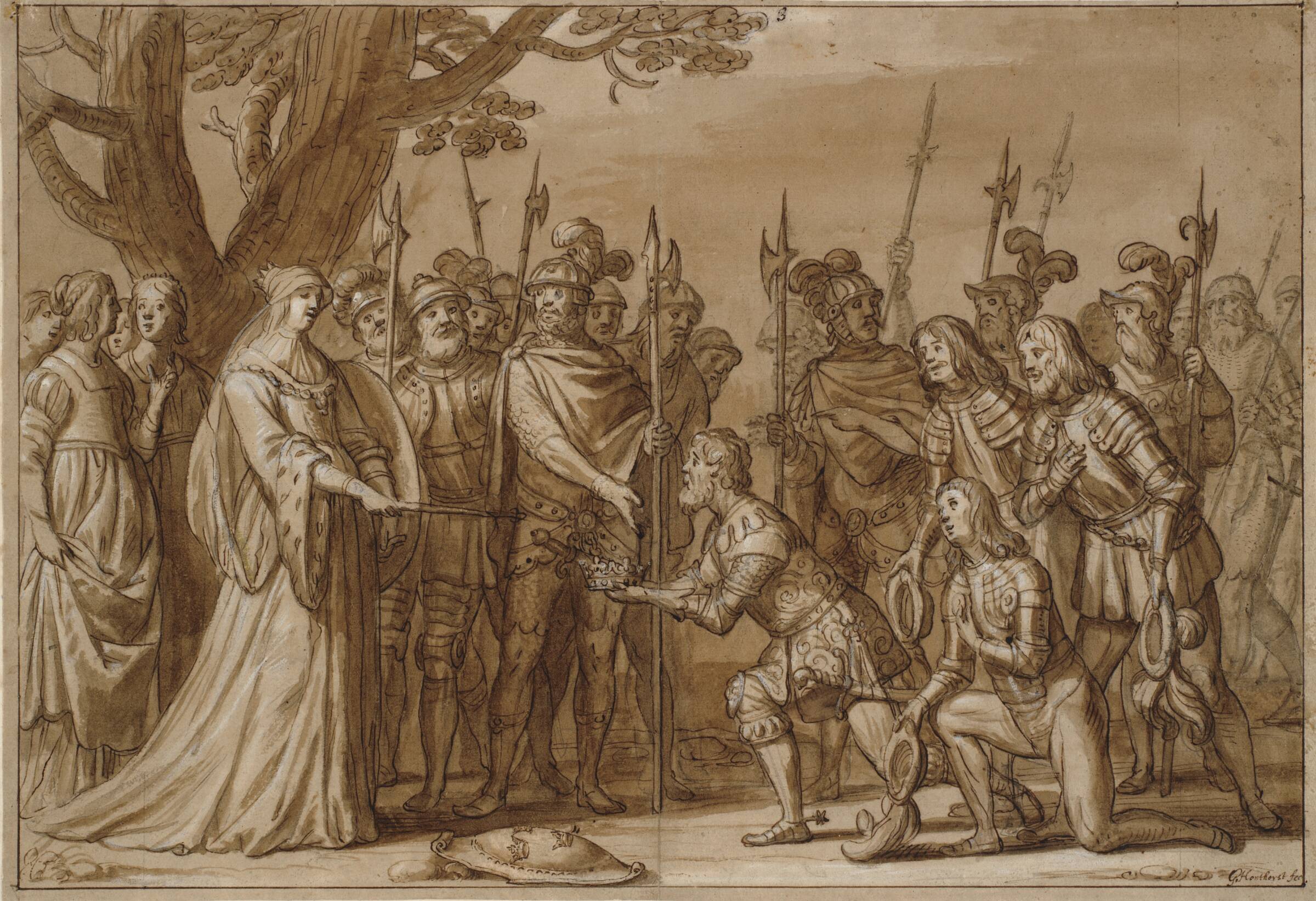 Kong Albrecht overrækker den svenske krone til dronning Margrethe I i 1389, Gerard van Honthorst, 1637-1737