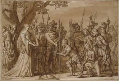 Kong Albrecht overrækker den svenske krone til dronning Margrethe I i 1389