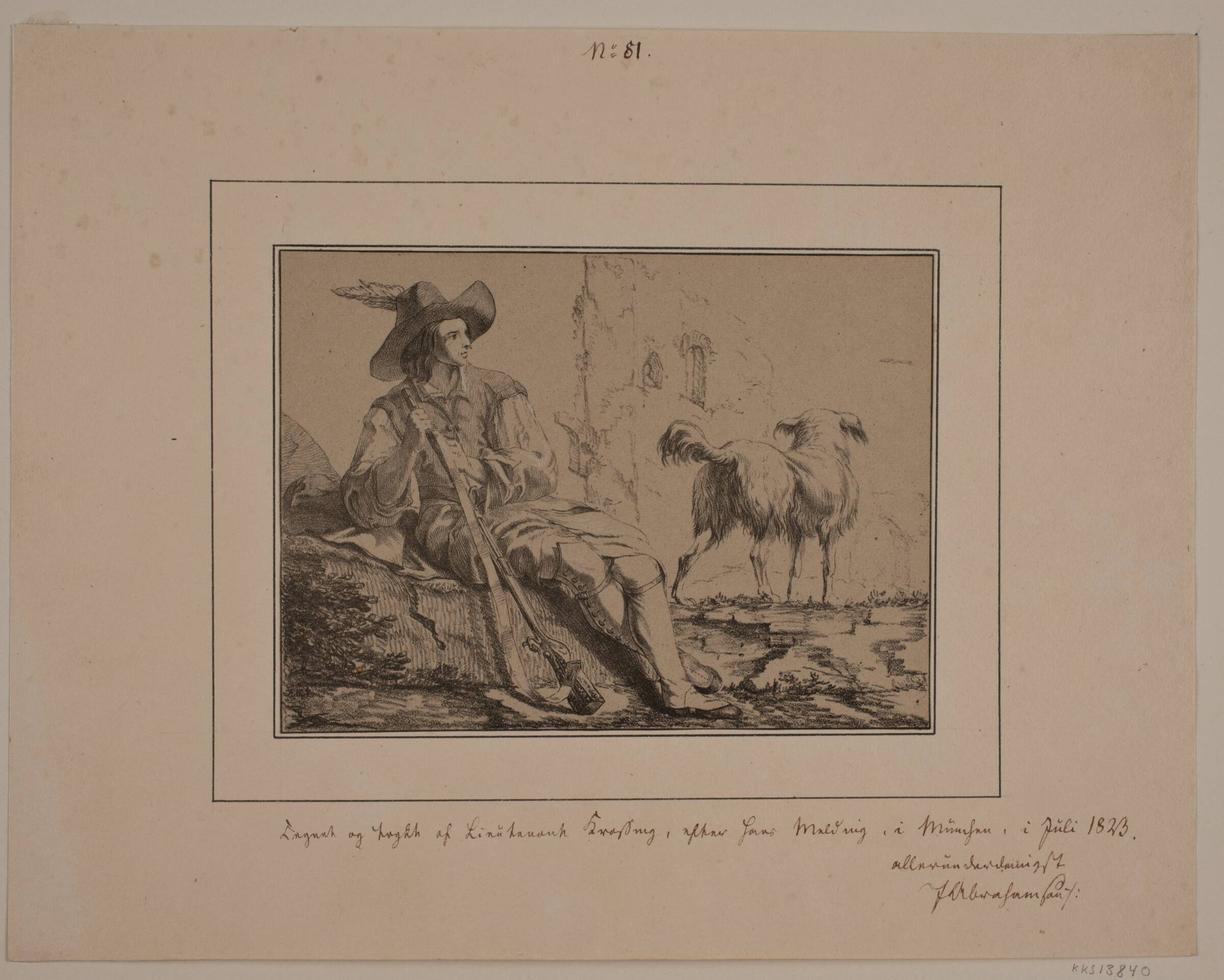 Siddende jæger og en hund, N.B. Krossing, 1823