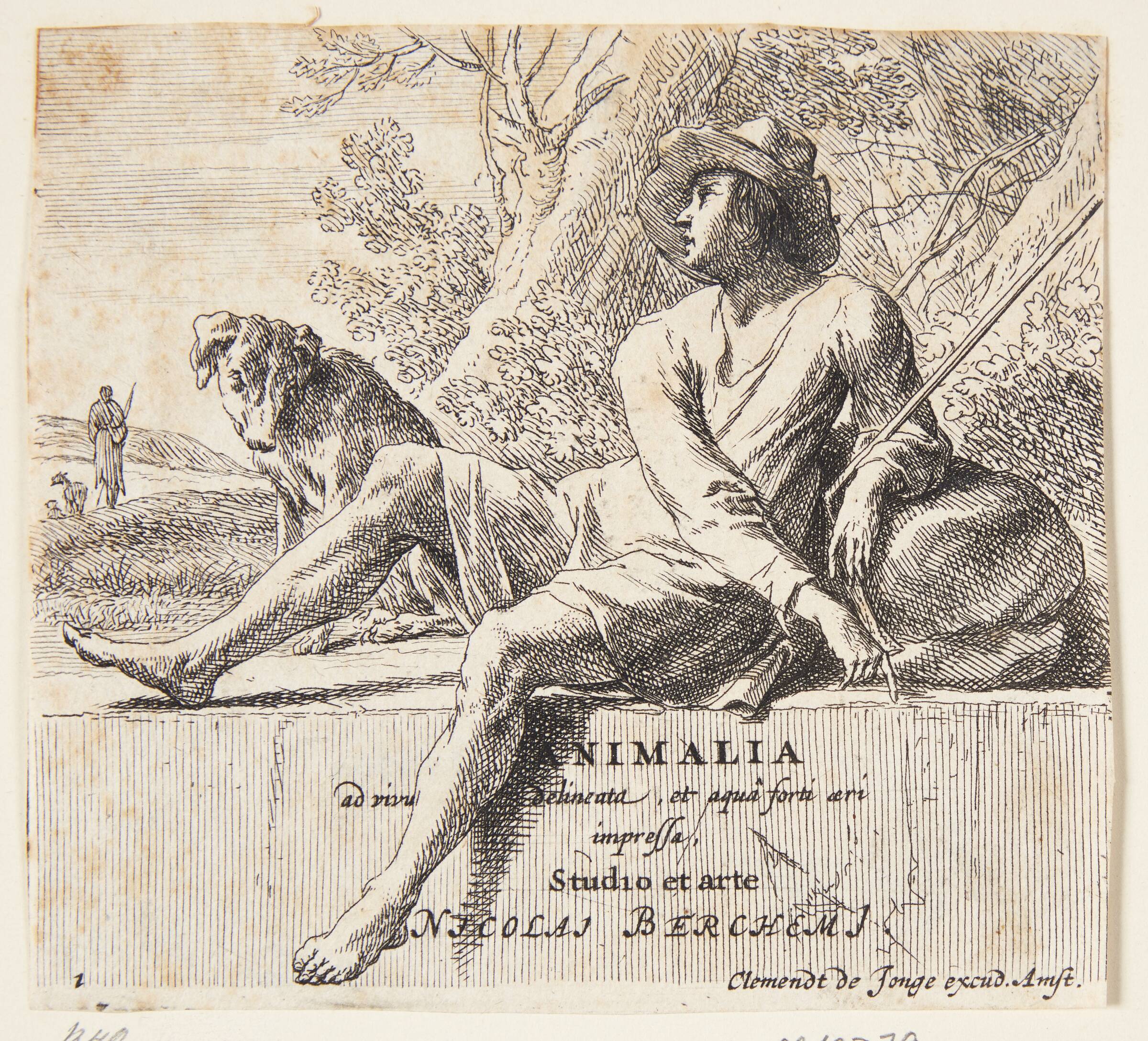 Fårehyrde siddende på en sten. Titelblad til "Forskellige dyr", Nicolaes Berchem, 1620-1683