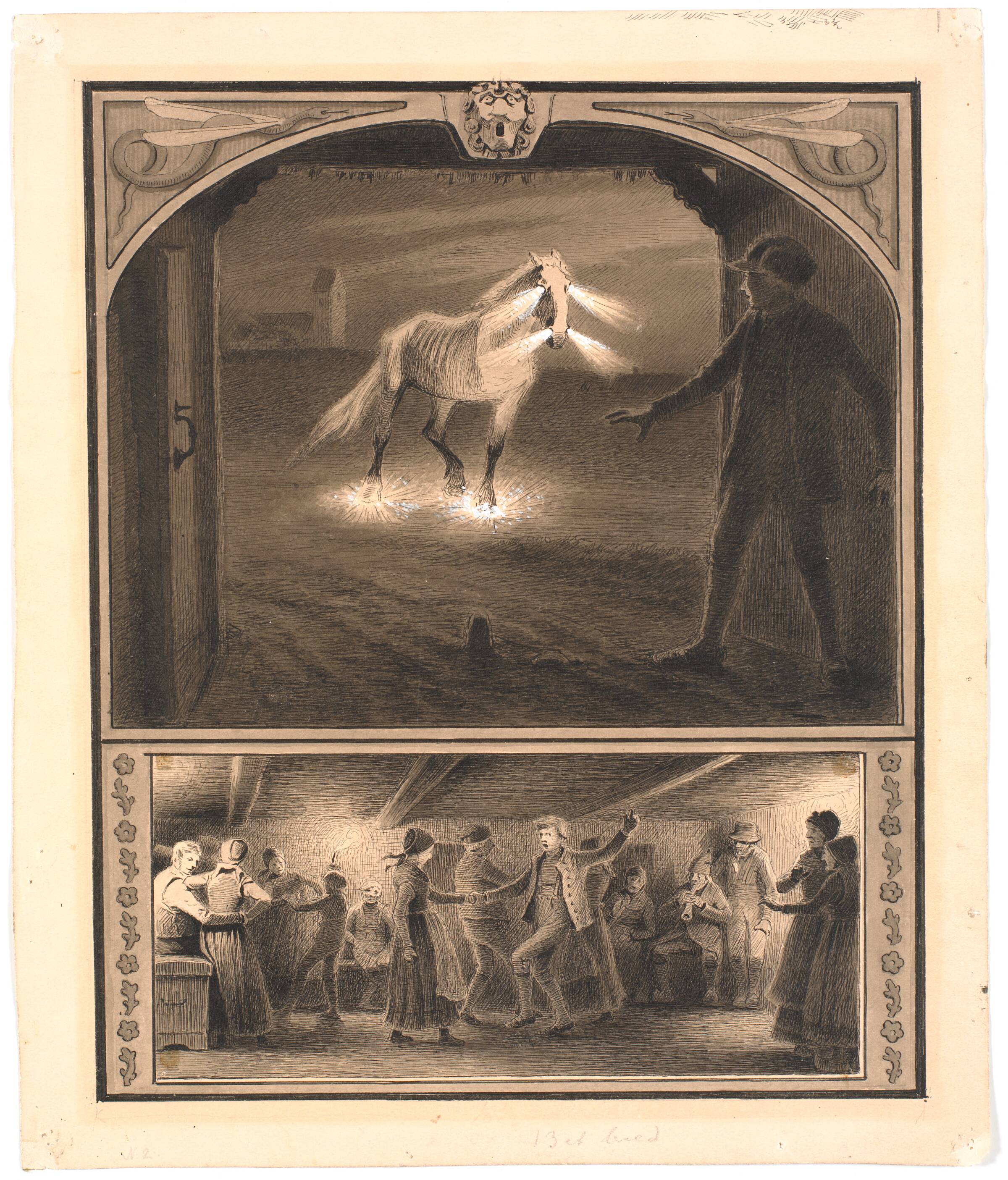 Illustration til St. St. Blicher: "Mowns". Helhesten og Mowns; f.n.: dans i bondestue, Hans Smidth, 1884-1885