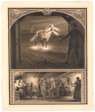 Illustration til St. St. Blicher: "Mowns". Helhesten og Mowns; f.n.: dans i bondestue
