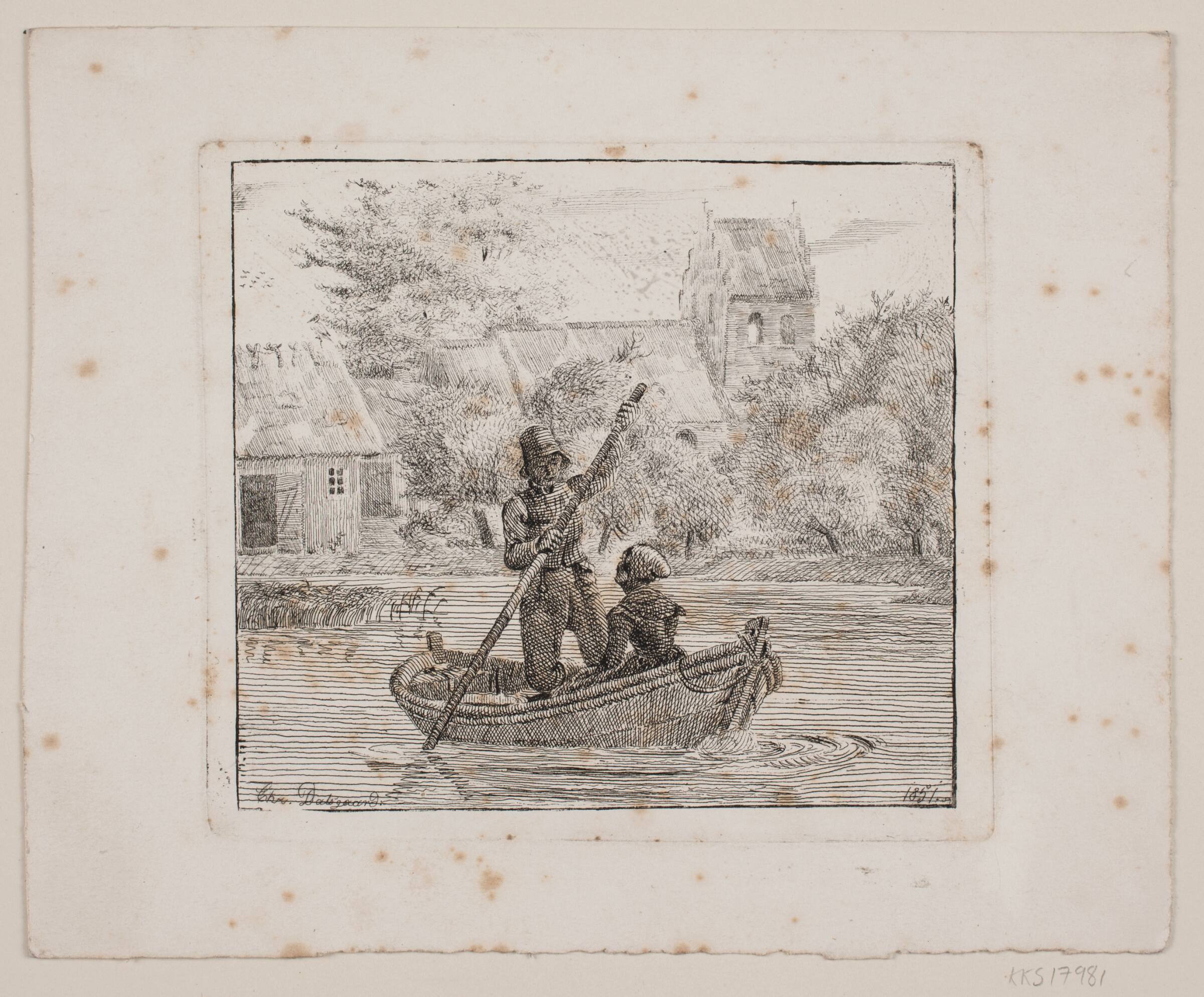 Ungt bondepar sejlende i et gadekær, Christen Dalsgaard, 1851