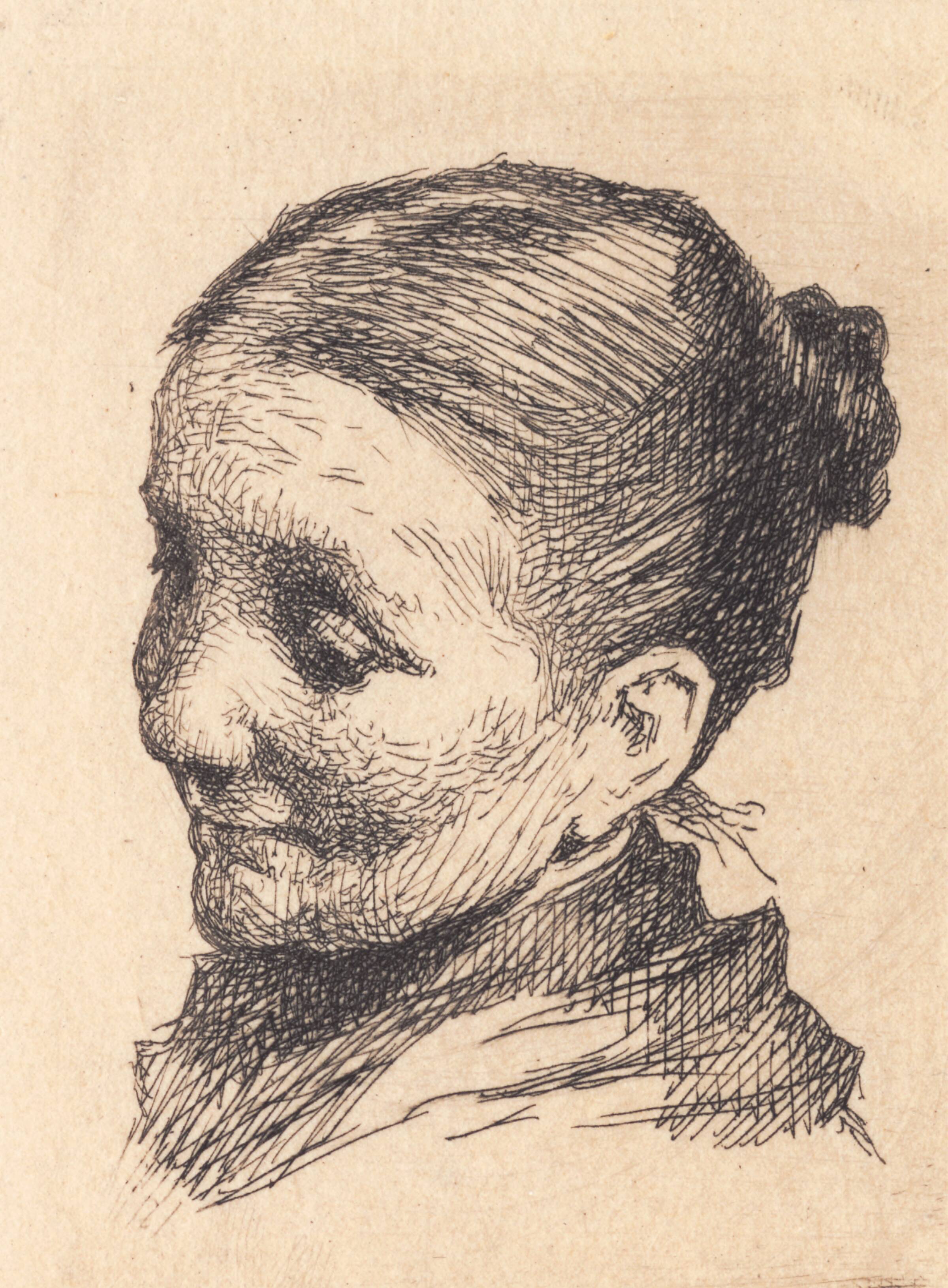 Hoved af en ældre kone, vendt mod venstre, med nedadrettet blik, Frans Schwartz, 1865-1917