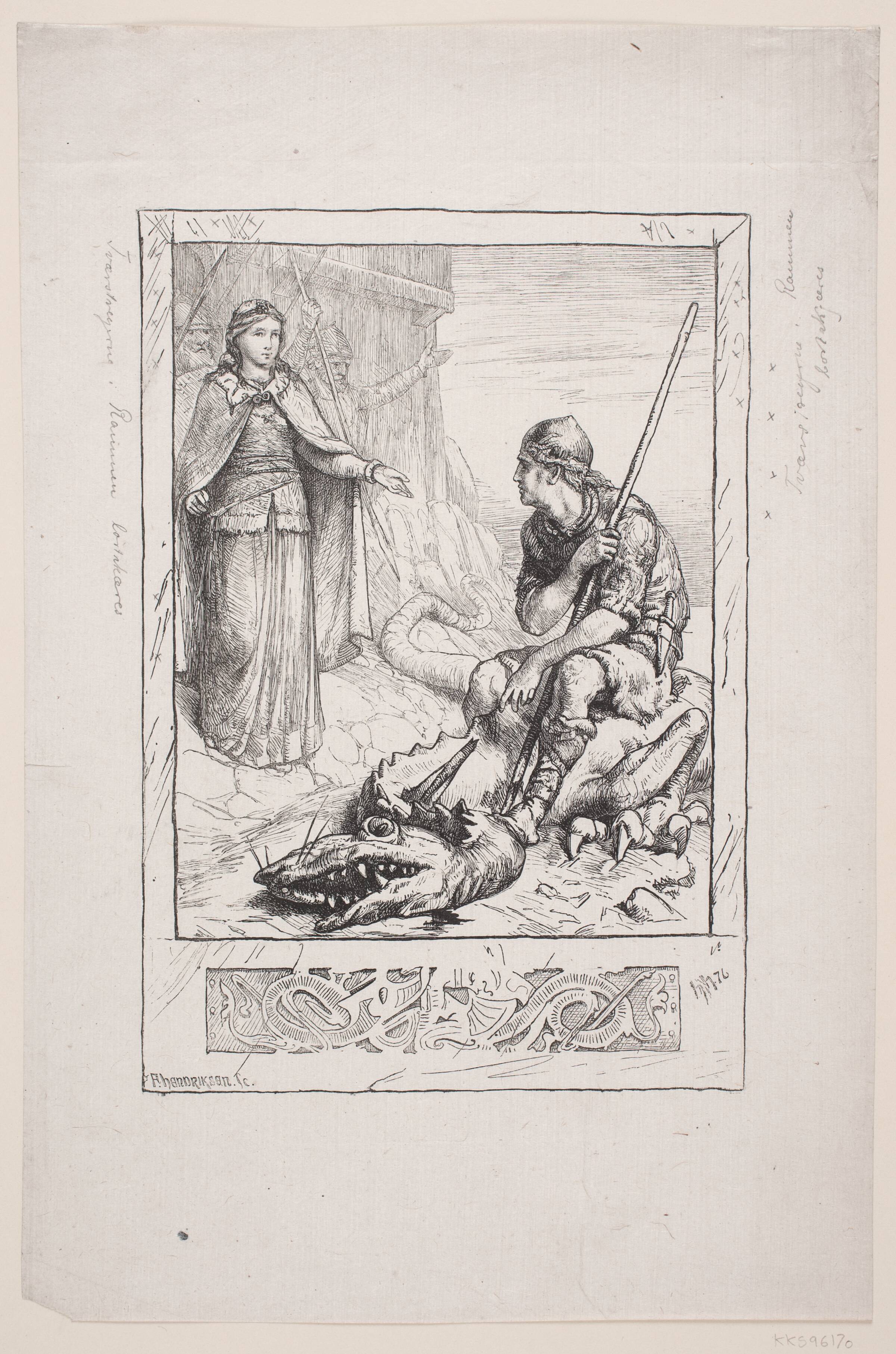 Regnar Lodbrog befrier Thora Borgarhjort, F. Hendriksen, 1876-1877