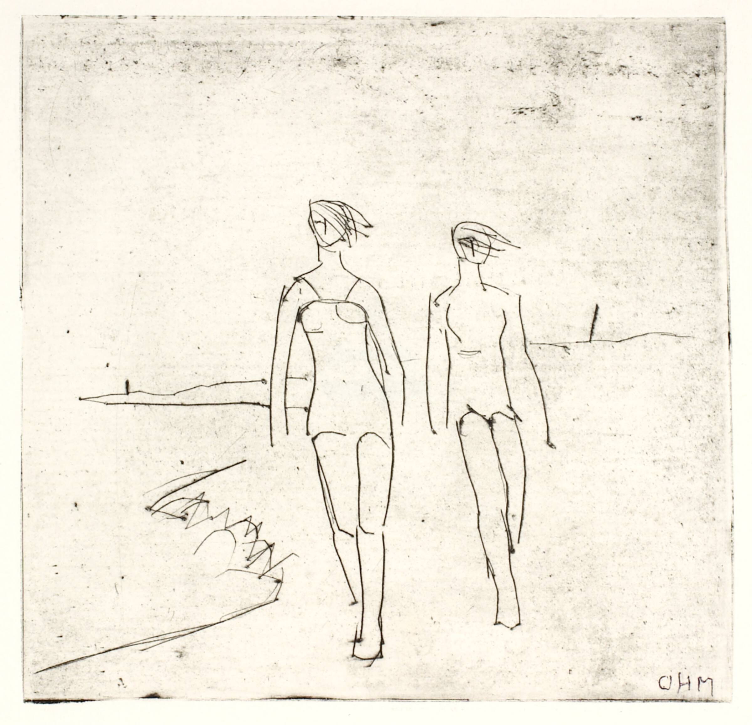To gående badepiger på en strand, Olivia Holm-Møller, 1875-1970